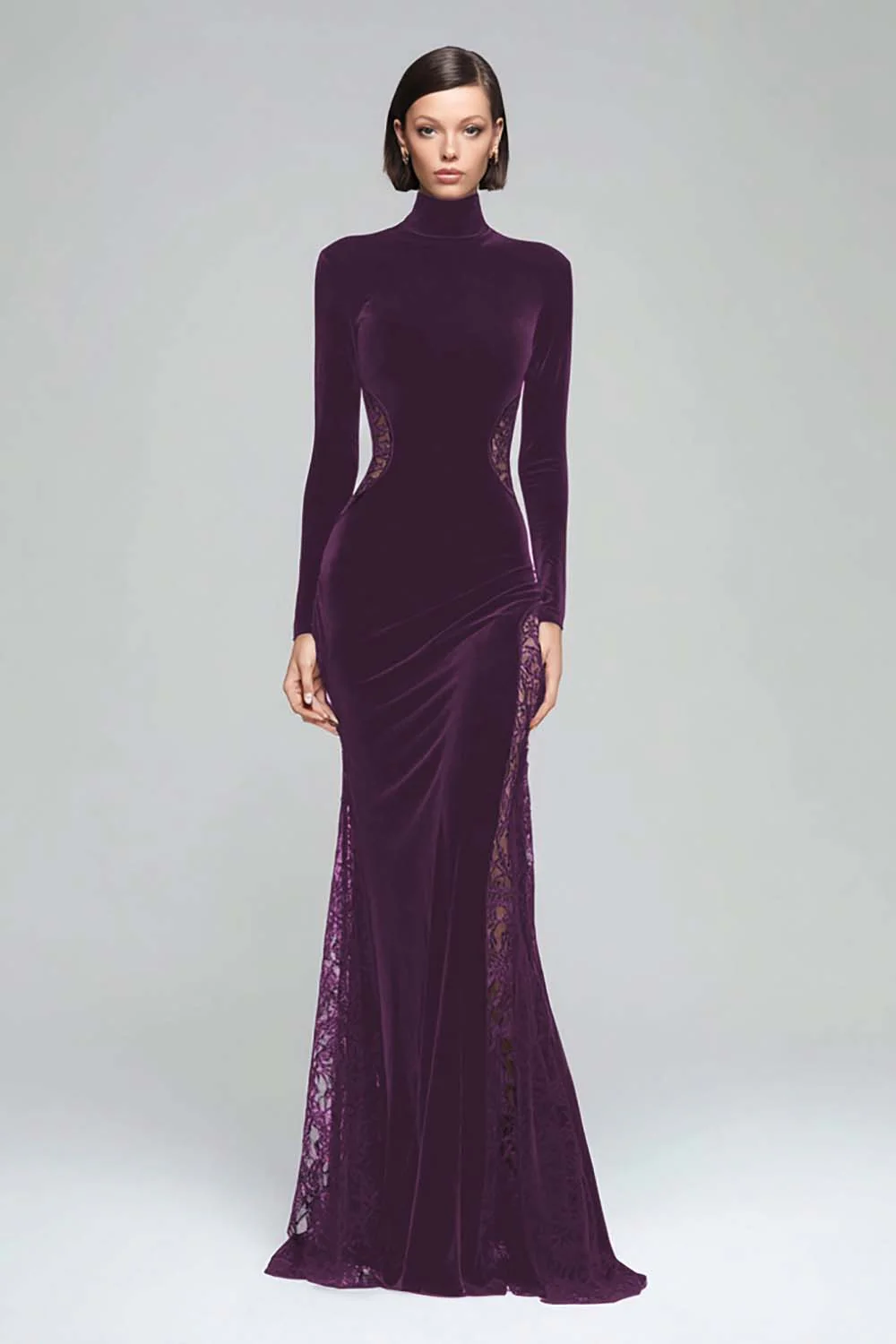 Black Mermaid High Neck Velvet Long Evening Dress with Lace - Image 10