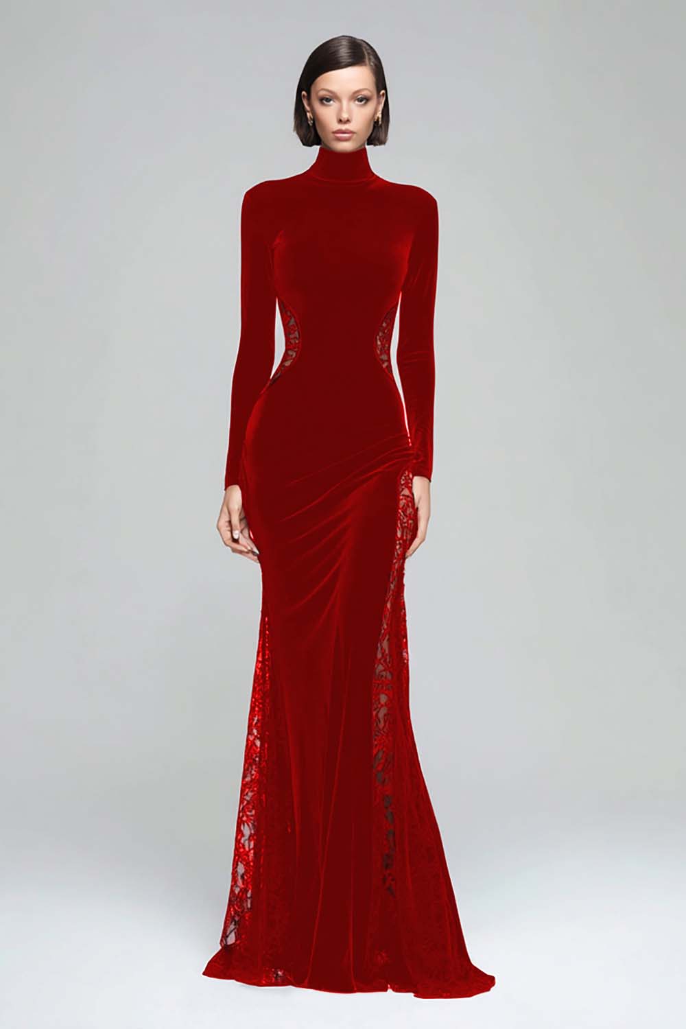 Black Mermaid High Neck Velvet Long Evening Dress with Lace - Image 11