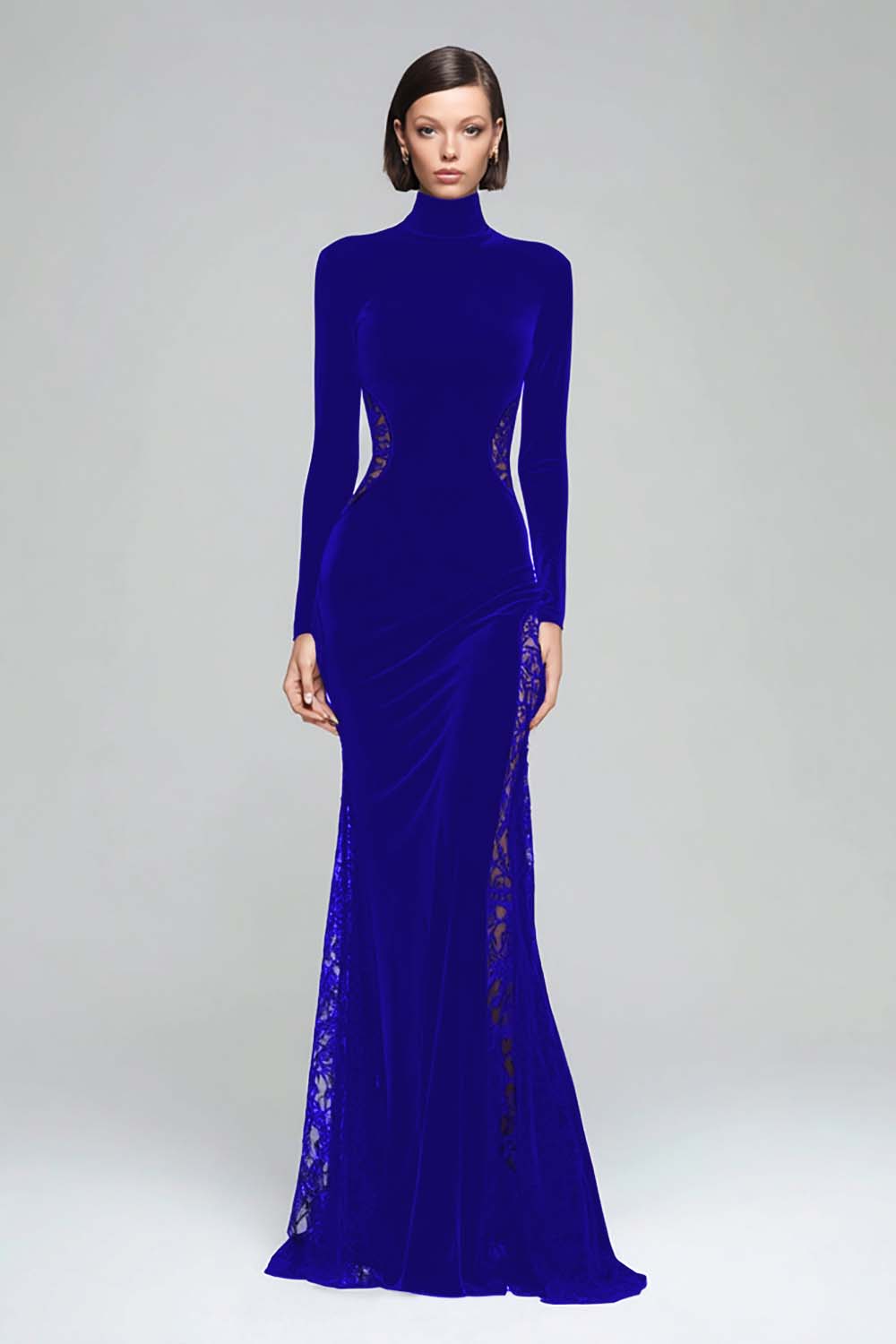 Black Mermaid High Neck Velvet Long Evening Dress with Lace - Image 12