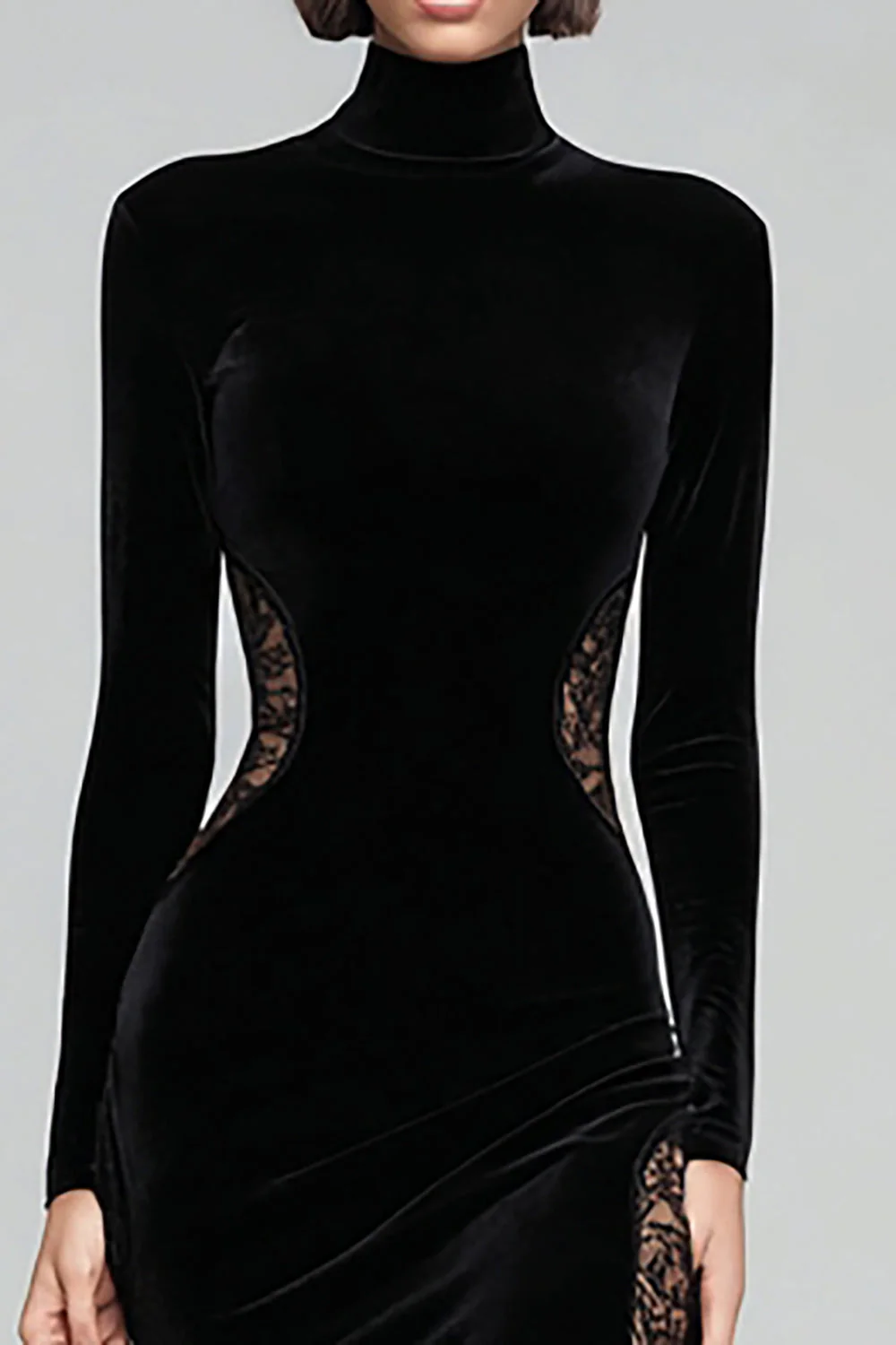 Black Mermaid High Neck Velvet Long Evening Dress with Lace - Image 2