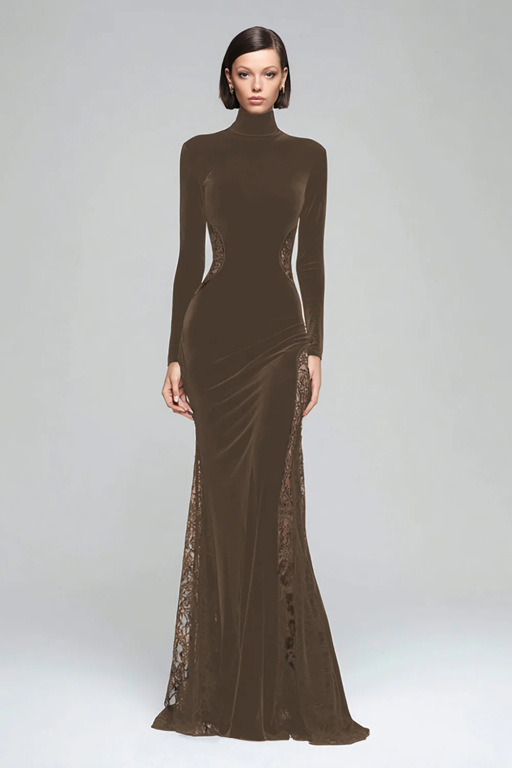 Black Mermaid High Neck Velvet Long Evening Dress with Lace - Image 3