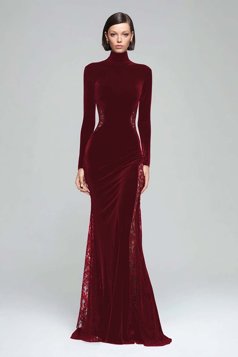 Black Mermaid High Neck Velvet Long Evening Dress with Lace - Image 4