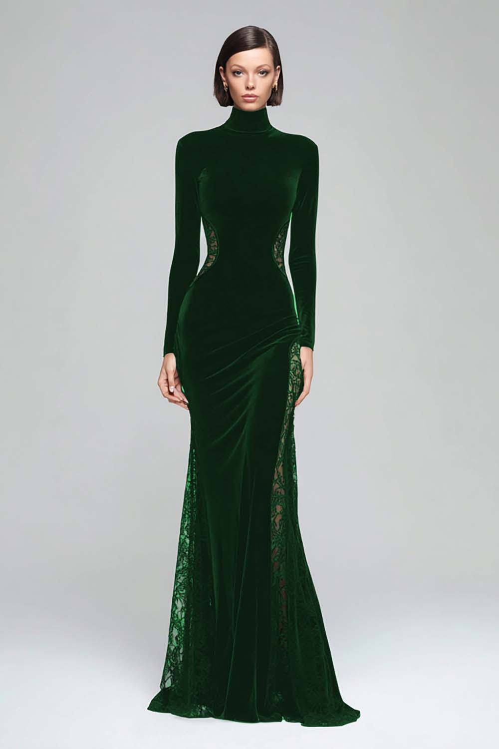Black Mermaid High Neck Velvet Long Evening Dress with Lace - Image 5