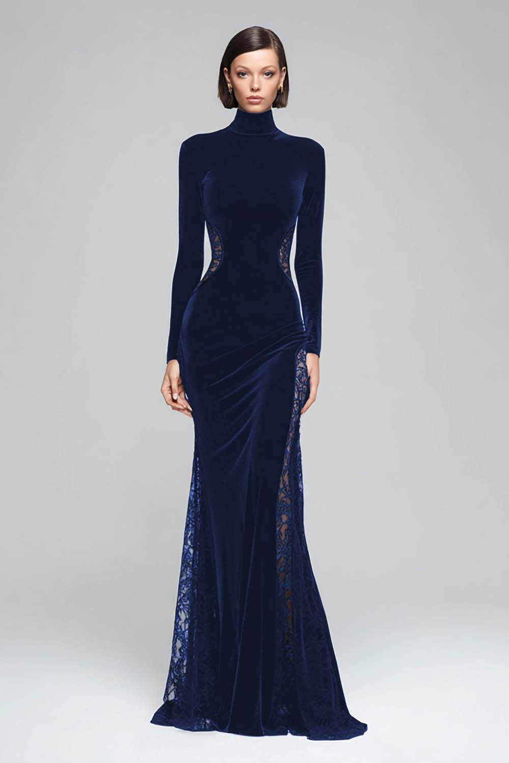Black Mermaid High Neck Velvet Long Evening Dress with Lace - Image 6