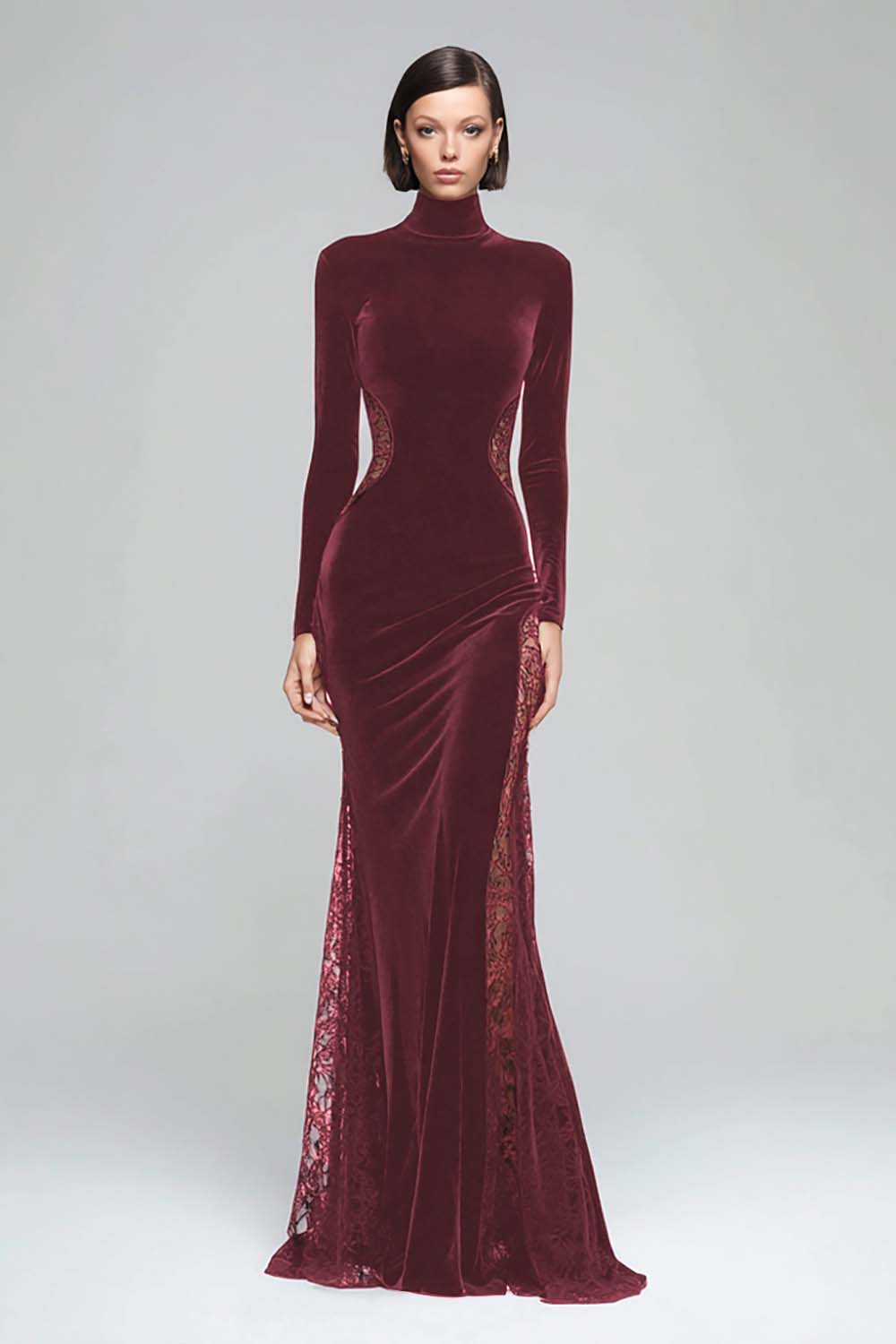 Black Mermaid High Neck Velvet Long Evening Dress with Lace - Image 7