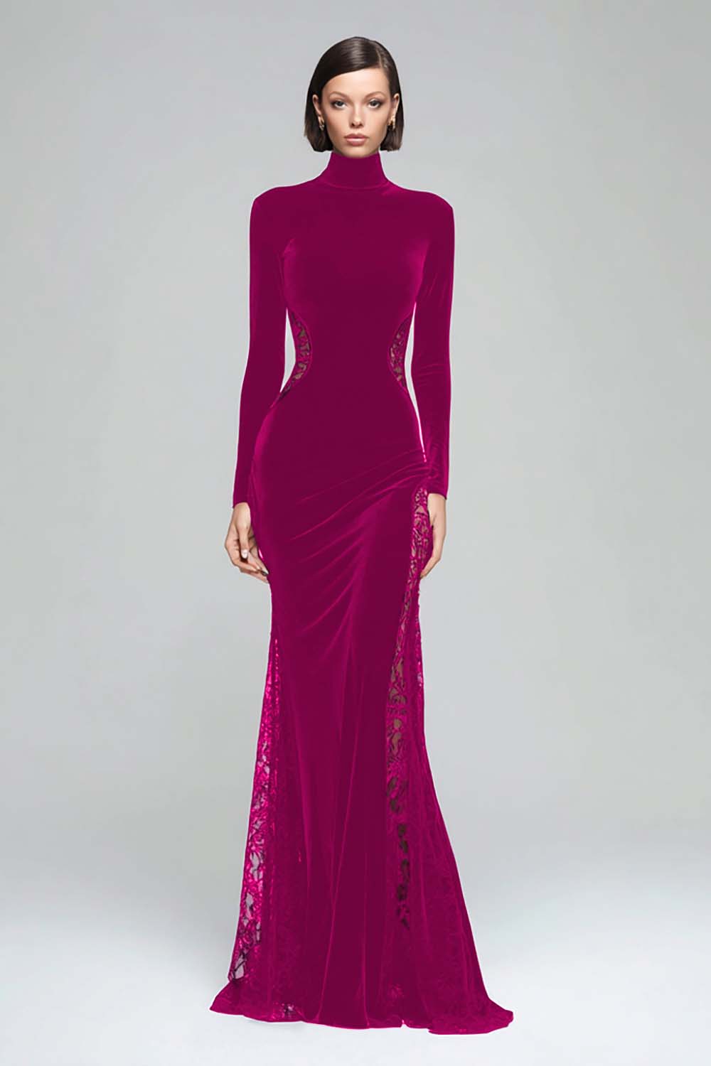 Black Mermaid High Neck Velvet Long Evening Dress with Lace - Image 8