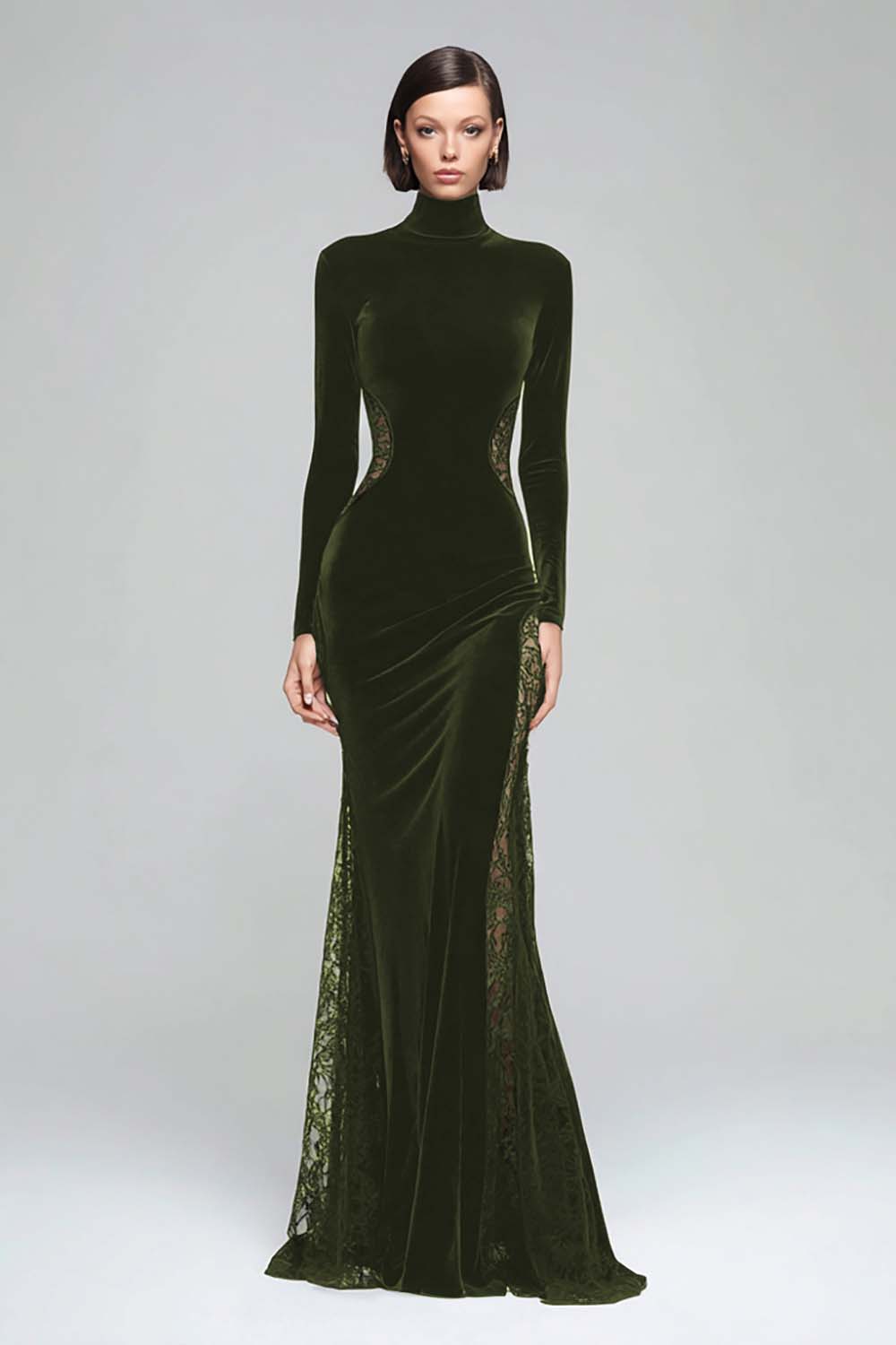 Black Mermaid High Neck Velvet Long Evening Dress with Lace - Image 9