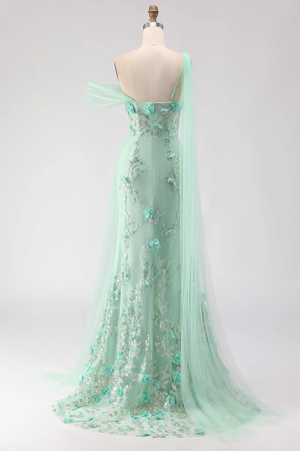 Black Mermaid One Shoulder 3D Flower Sequins Long Prom Dress with Streamer - Image 10