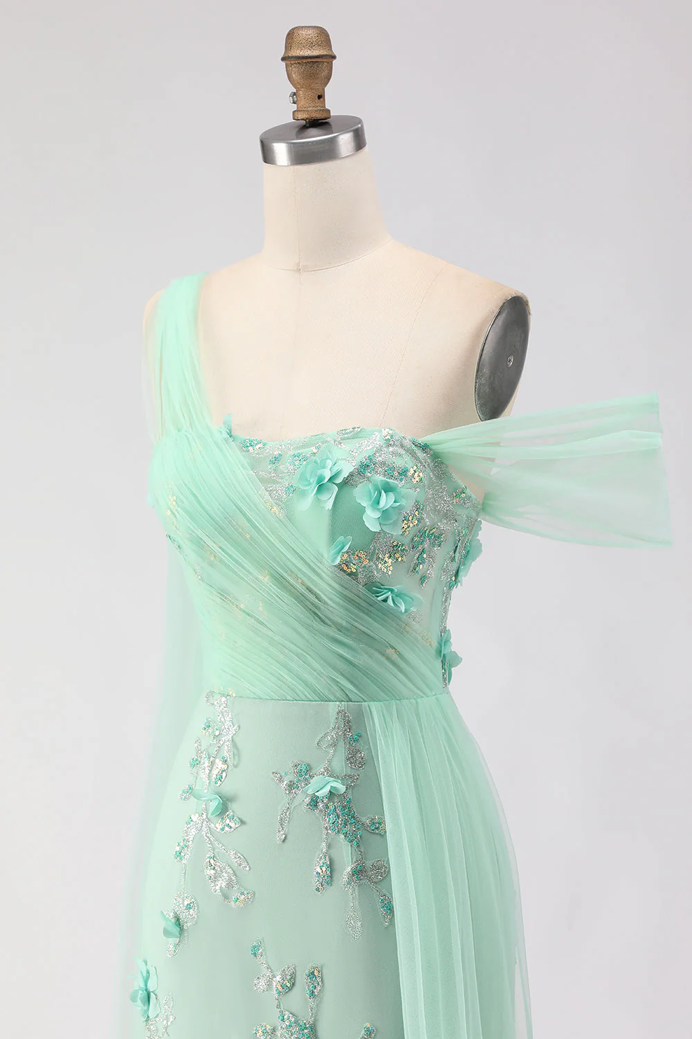Black Mermaid One Shoulder 3D Flower Sequins Long Prom Dress with Streamer - Image 14