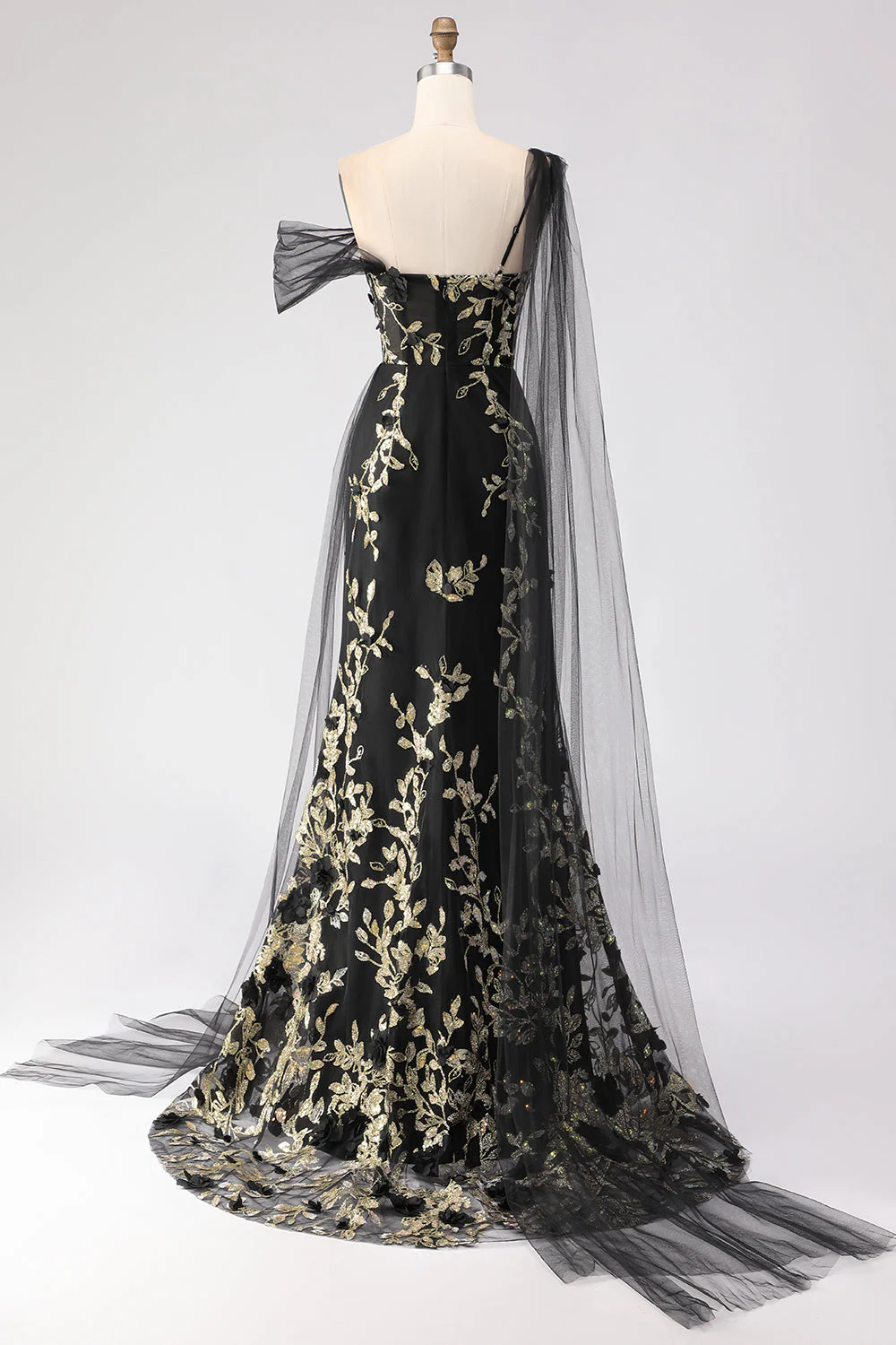 Black Mermaid One Shoulder 3D Flower Sequins Long Prom Dress with Streamer - Image 2