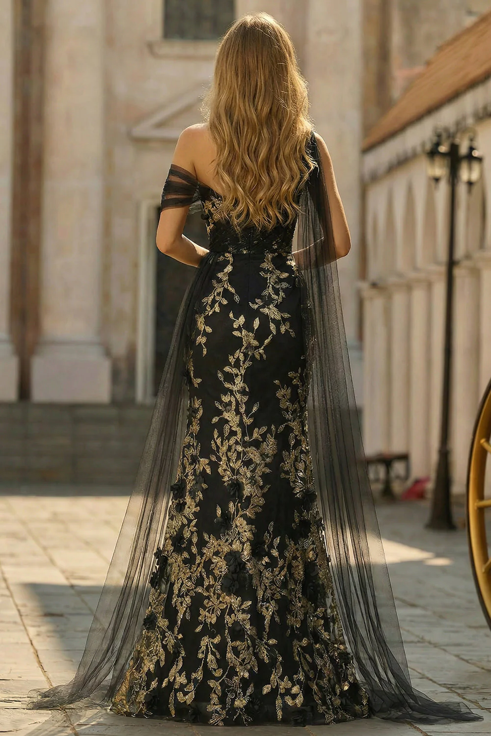 Black Mermaid One Shoulder 3D Flower Sequins Long Prom Dress with Streamer - Image 4