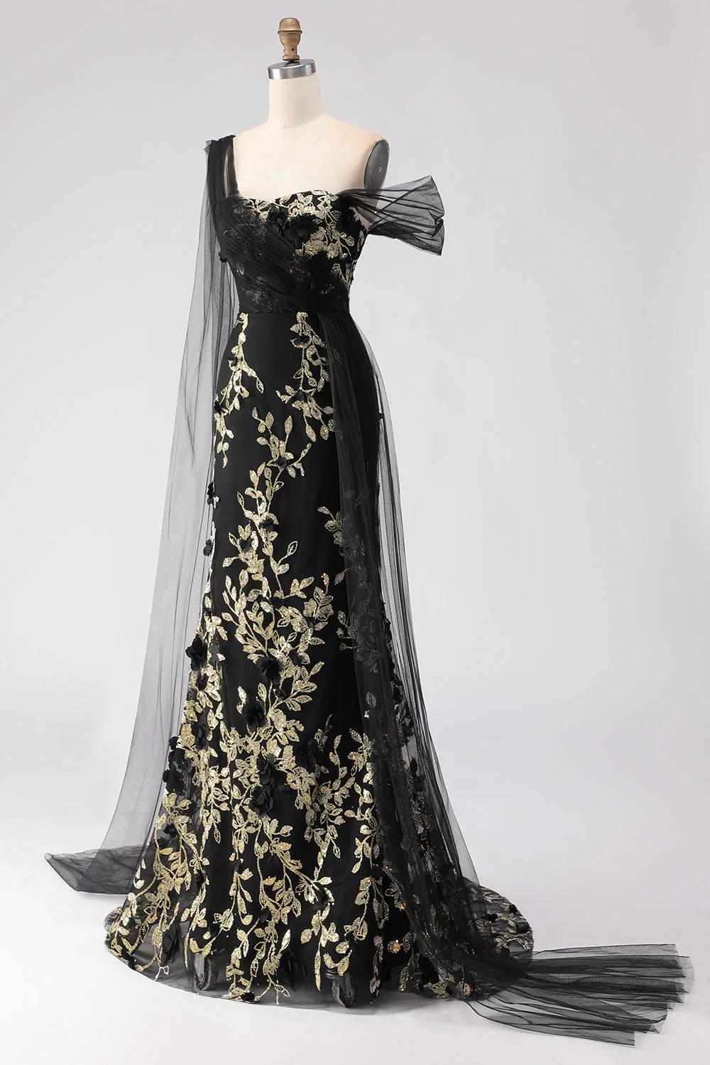 Black Mermaid One Shoulder 3D Flower Sequins Long Prom Dress with Streamer - Image 5
