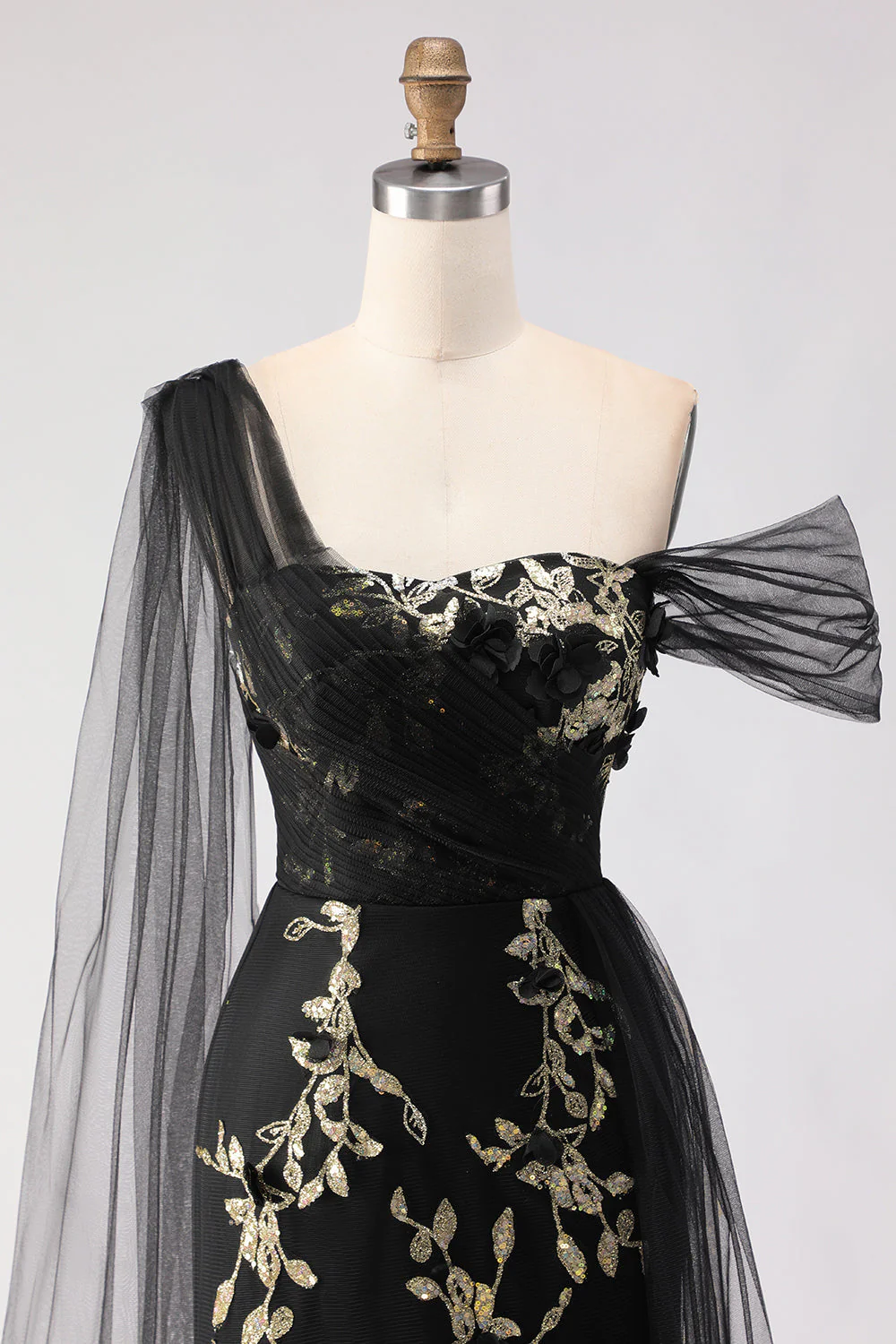 Black Mermaid One Shoulder 3D Flower Sequins Long Prom Dress with Streamer - Image 6