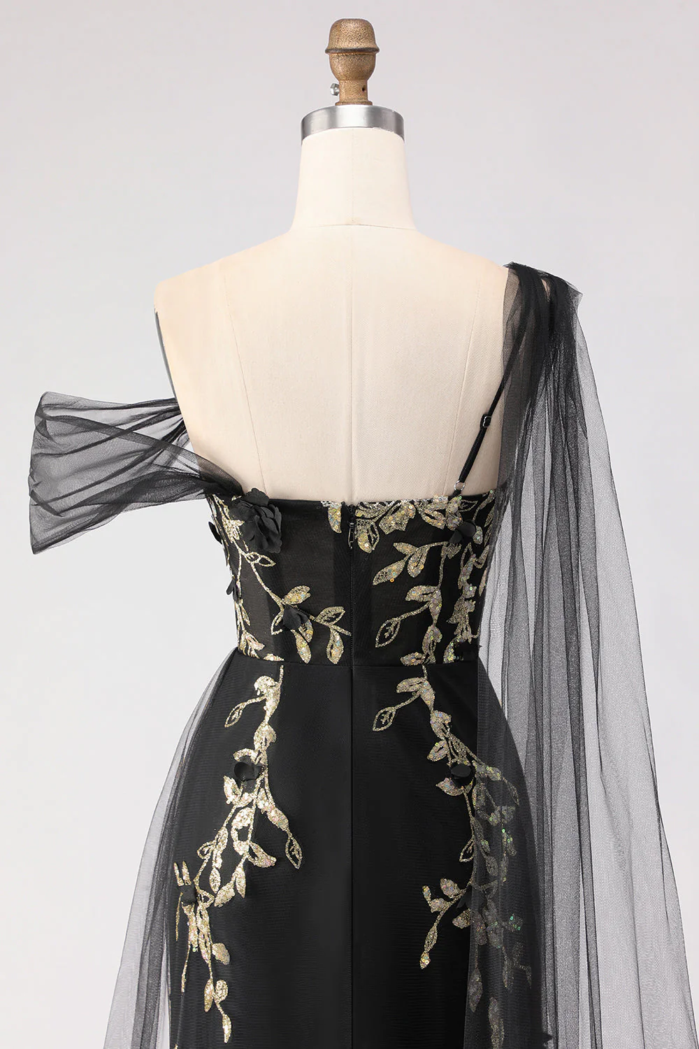 Black Mermaid One Shoulder 3D Flower Sequins Long Prom Dress with Streamer - Image 7