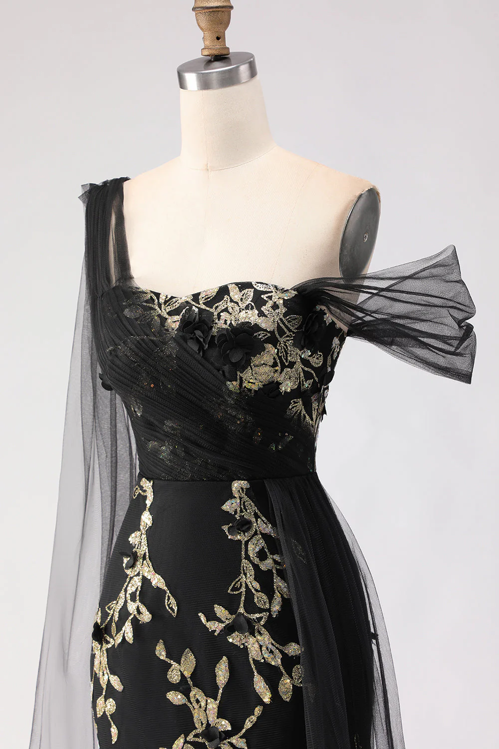 Black Mermaid One Shoulder 3D Flower Sequins Long Prom Dress with Streamer - Image 8
