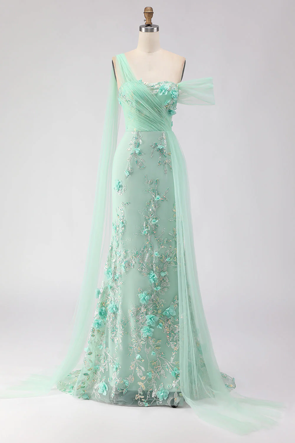 Black Mermaid One Shoulder 3D Flower Sequins Long Prom Dress with Streamer - Image 9