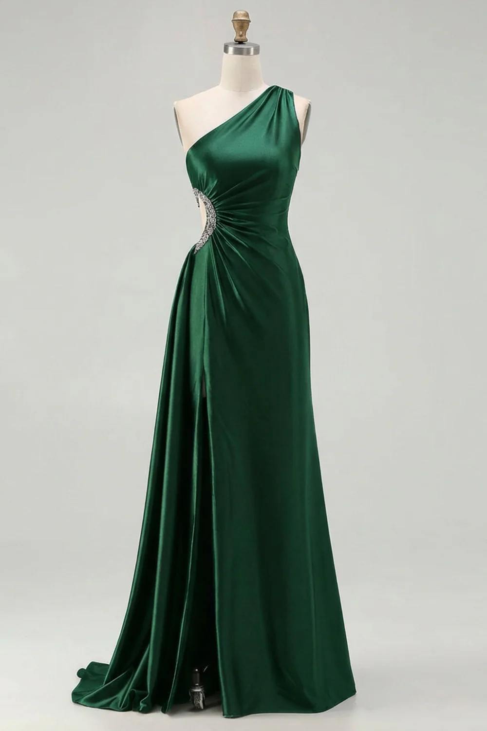 Black Mermaid One Shoulder Beaded Cut Out Long Plus Size Prom Dress with Slit - Image 8