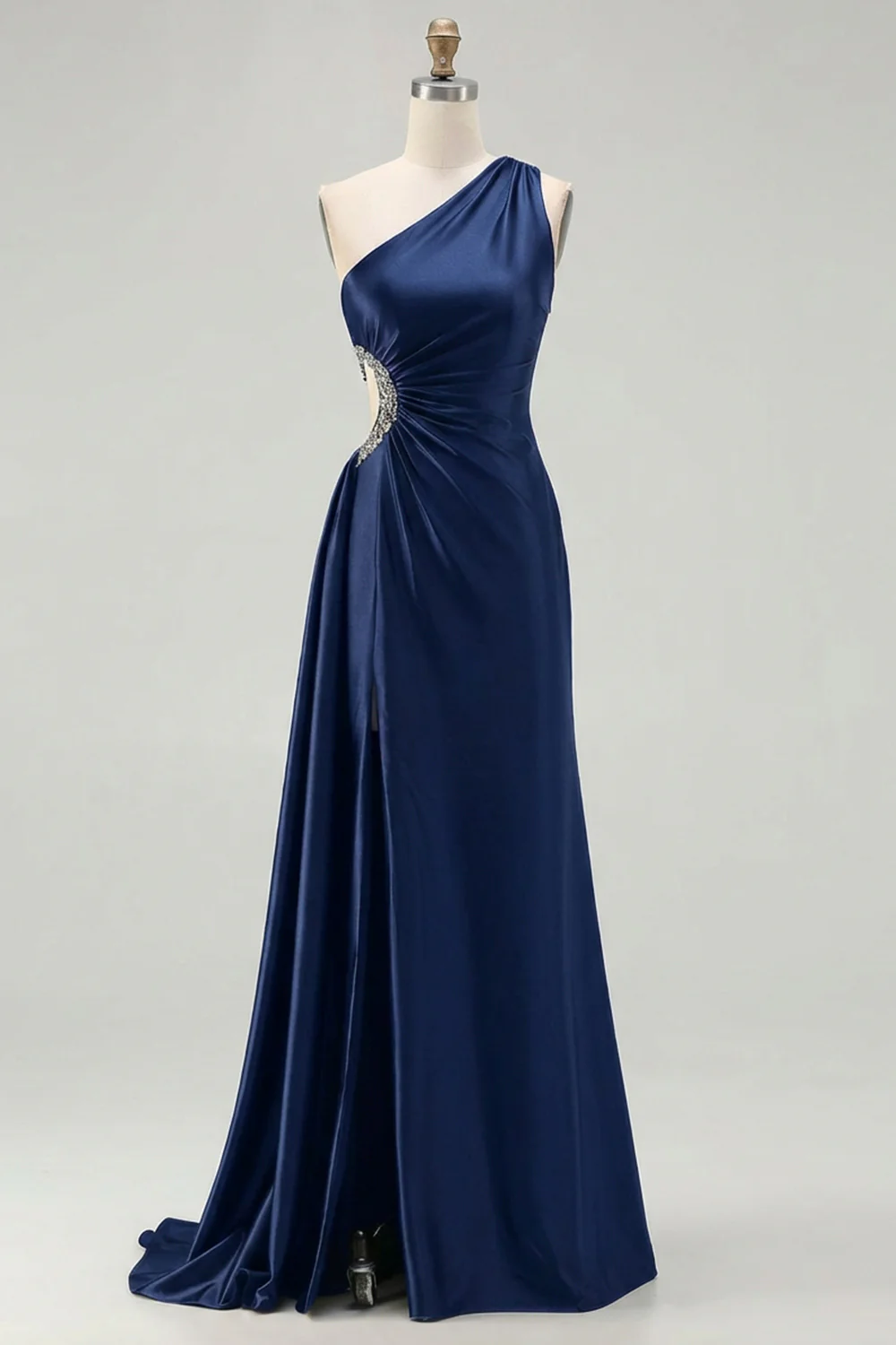 Black Mermaid One Shoulder Beaded Cut Out Long Plus Size Prom Dress with Slit - Image 9