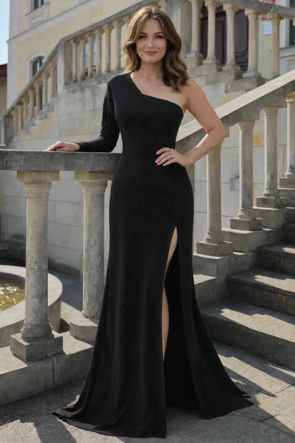 Black Mermaid One Shoulder Satin Mother Of The Bride Dress with Slit - Image 2
