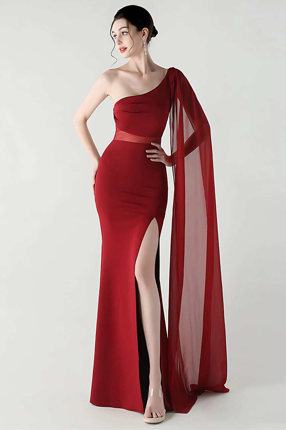 Black Mermaid One Shoulder Streamer Long Evening Dress with slit - Image 10