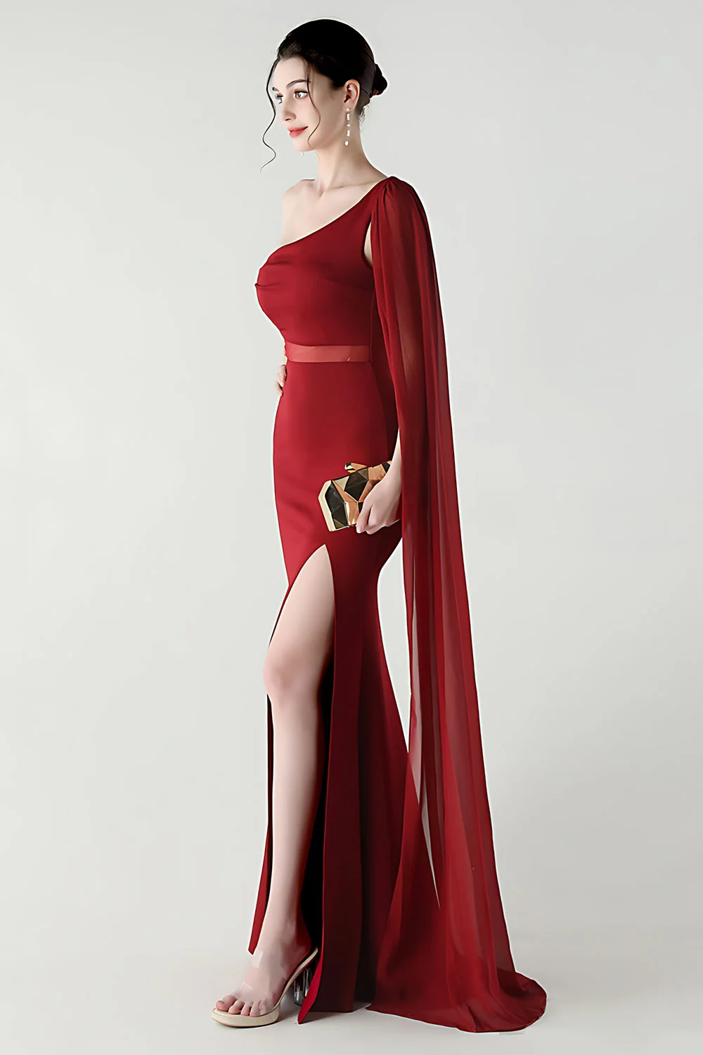 Black Mermaid One Shoulder Streamer Long Evening Dress with slit - Image 12