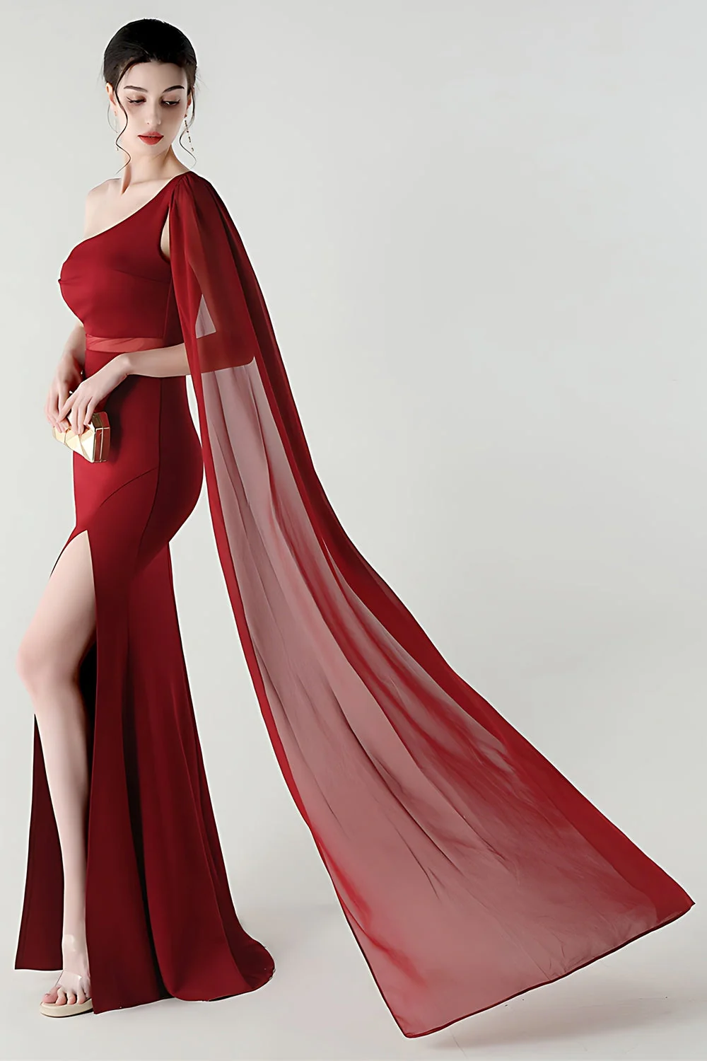 Black Mermaid One Shoulder Streamer Long Evening Dress with slit - Image 13