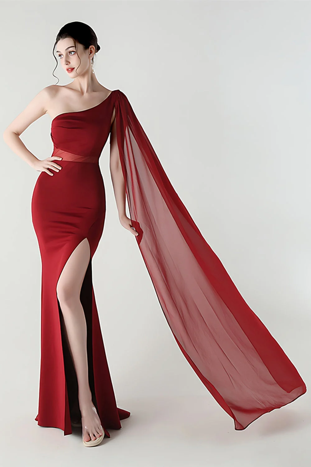 Black Mermaid One Shoulder Streamer Long Evening Dress with slit - Image 14