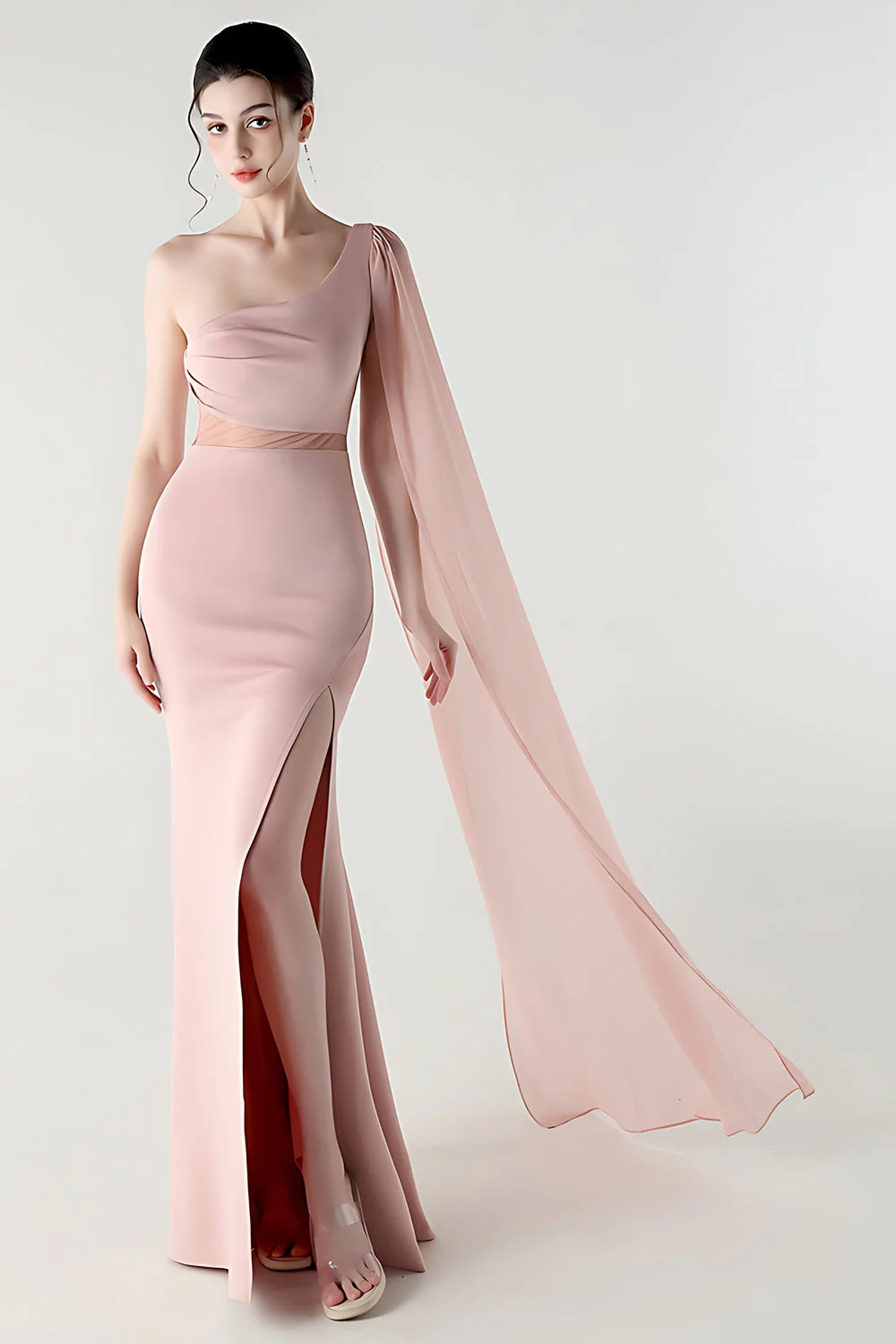 Black Mermaid One Shoulder Streamer Long Evening Dress with slit - Image 15