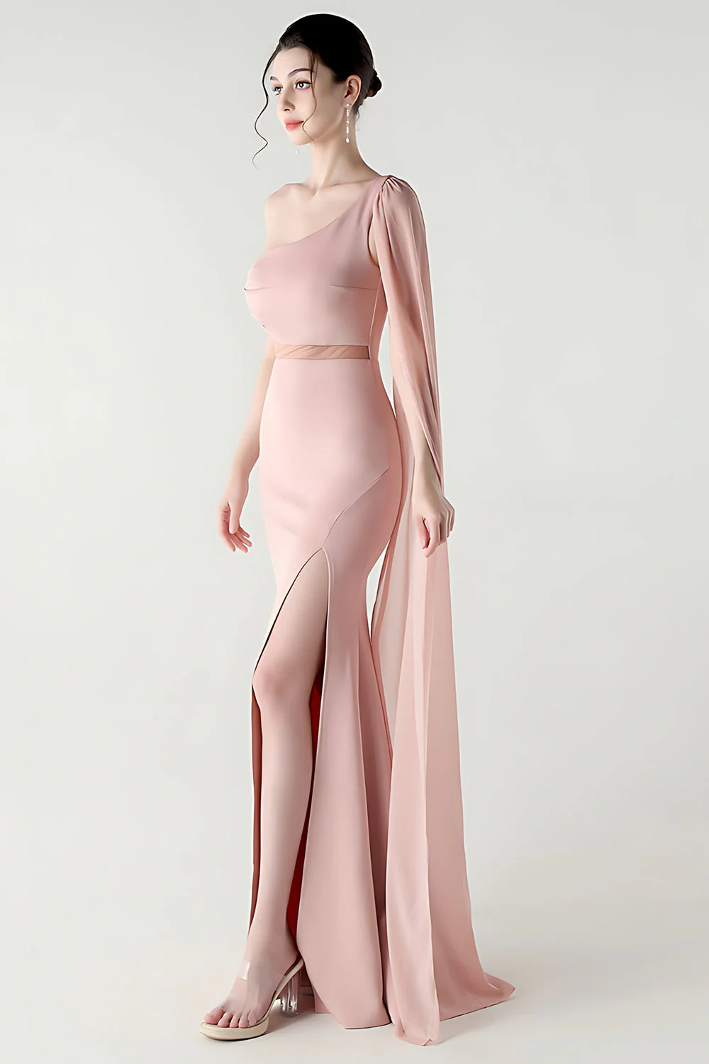 Black Mermaid One Shoulder Streamer Long Evening Dress with slit - Image 17