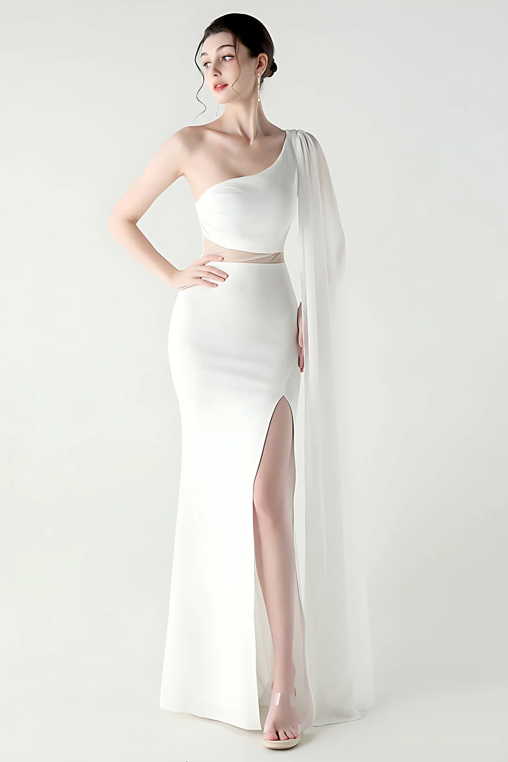 Black Mermaid One Shoulder Streamer Long Evening Dress with slit - Image 19