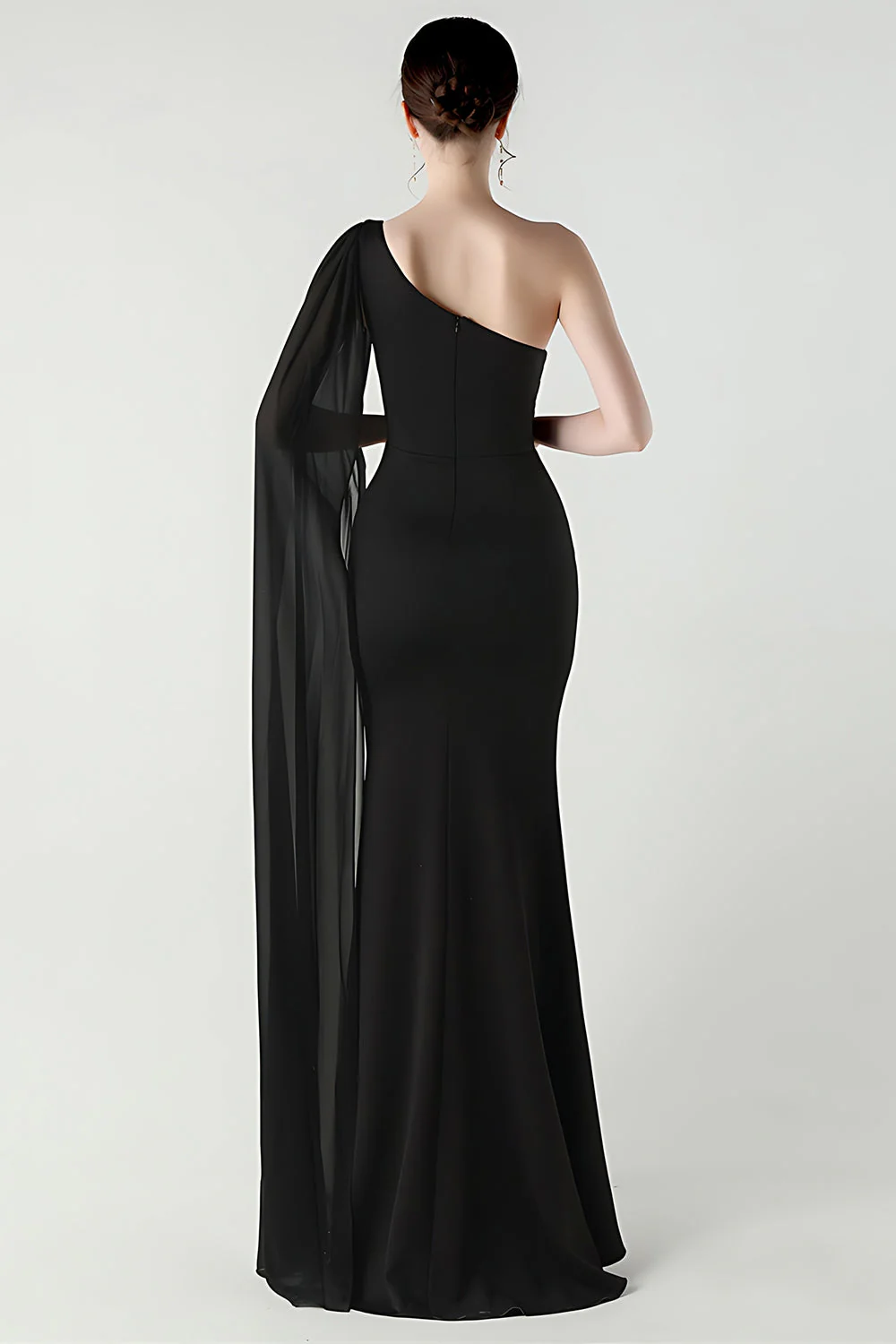 Black Mermaid One Shoulder Streamer Long Evening Dress with slit - Image 2