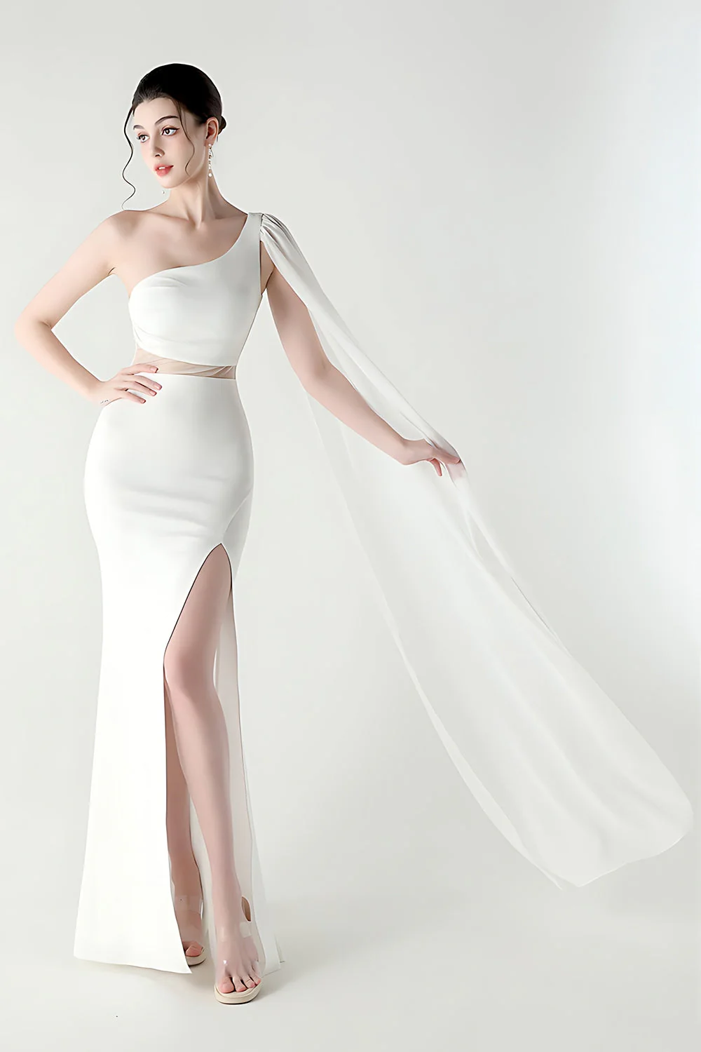 Black Mermaid One Shoulder Streamer Long Evening Dress with slit - Image 22