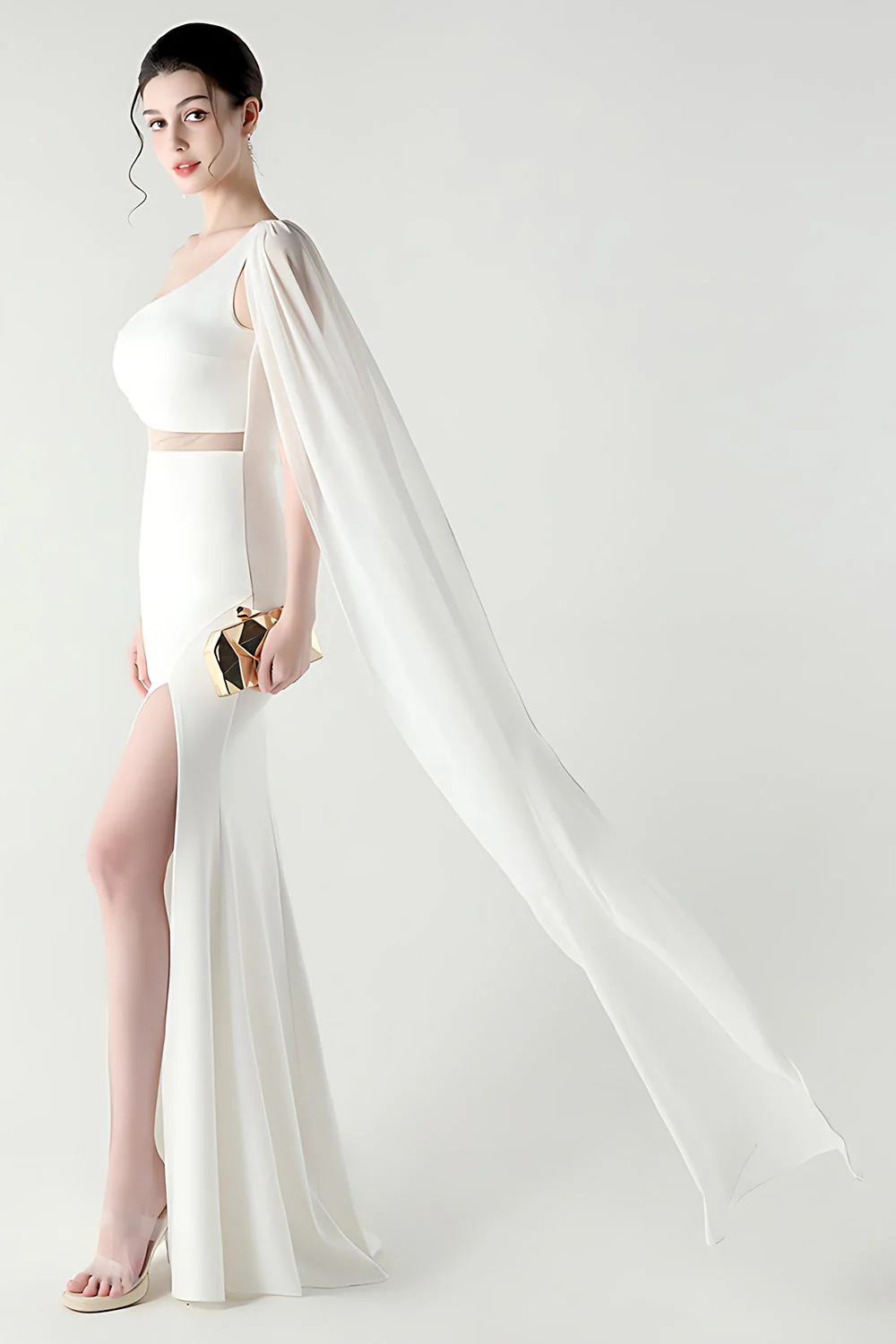 Black Mermaid One Shoulder Streamer Long Evening Dress with slit - Image 23