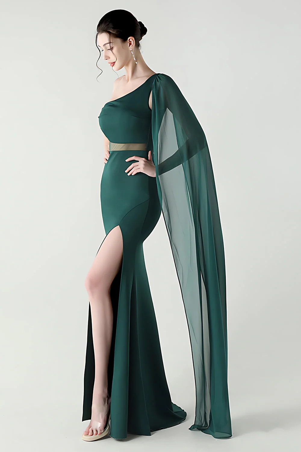 Black Mermaid One Shoulder Streamer Long Evening Dress with slit - Image 27