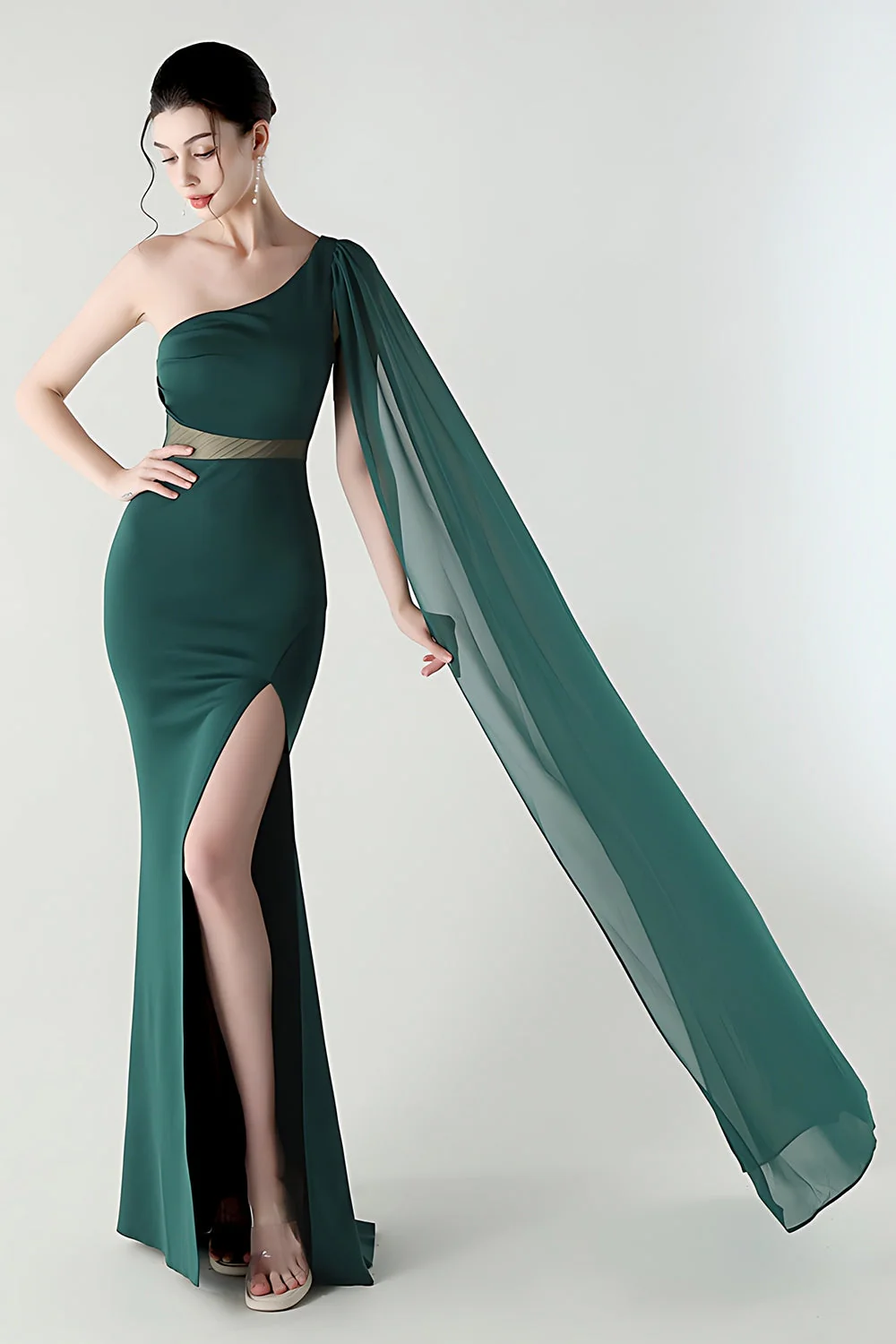 Black Mermaid One Shoulder Streamer Long Evening Dress with slit - Image 28