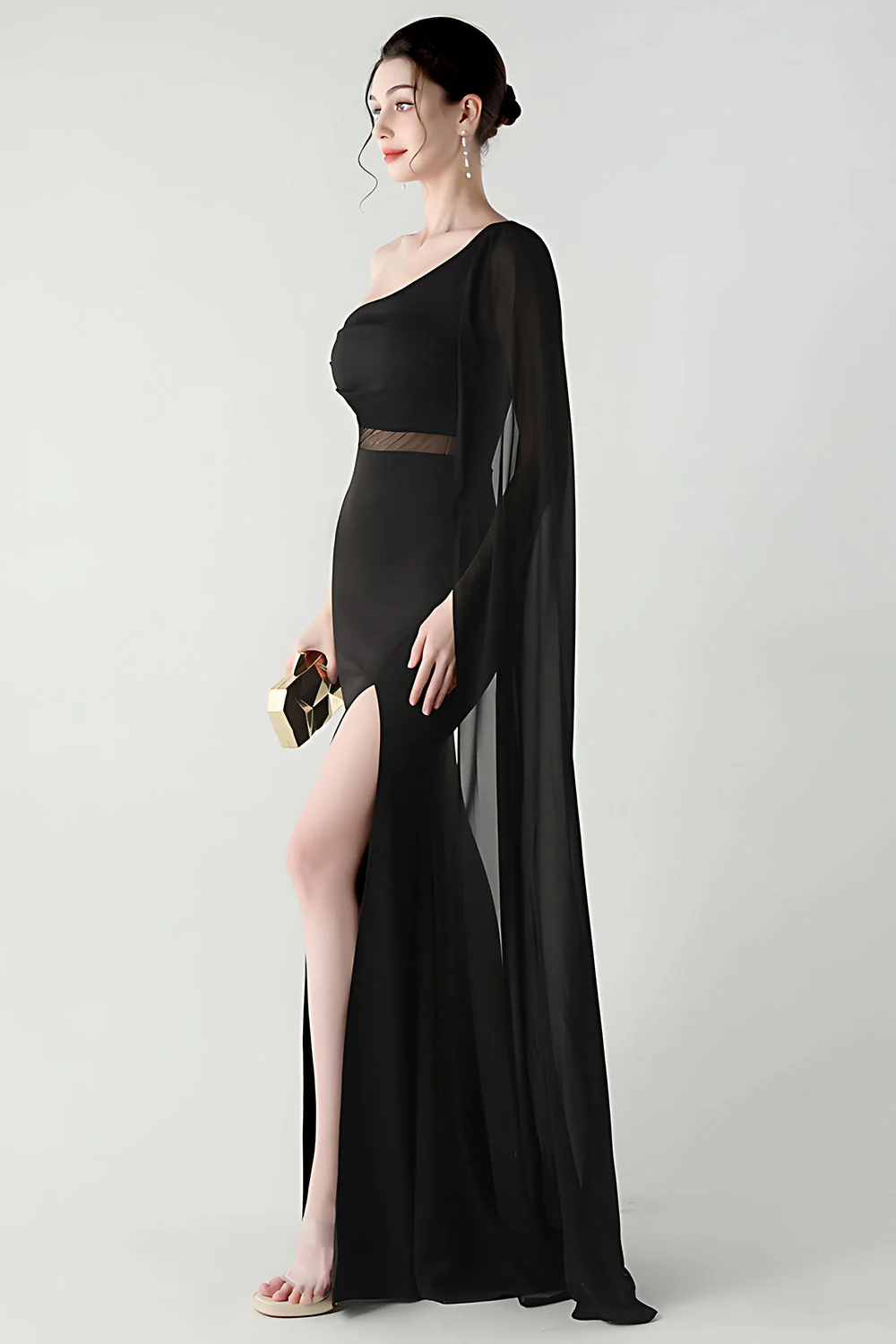 Black Mermaid One Shoulder Streamer Long Evening Dress with slit - Image 3