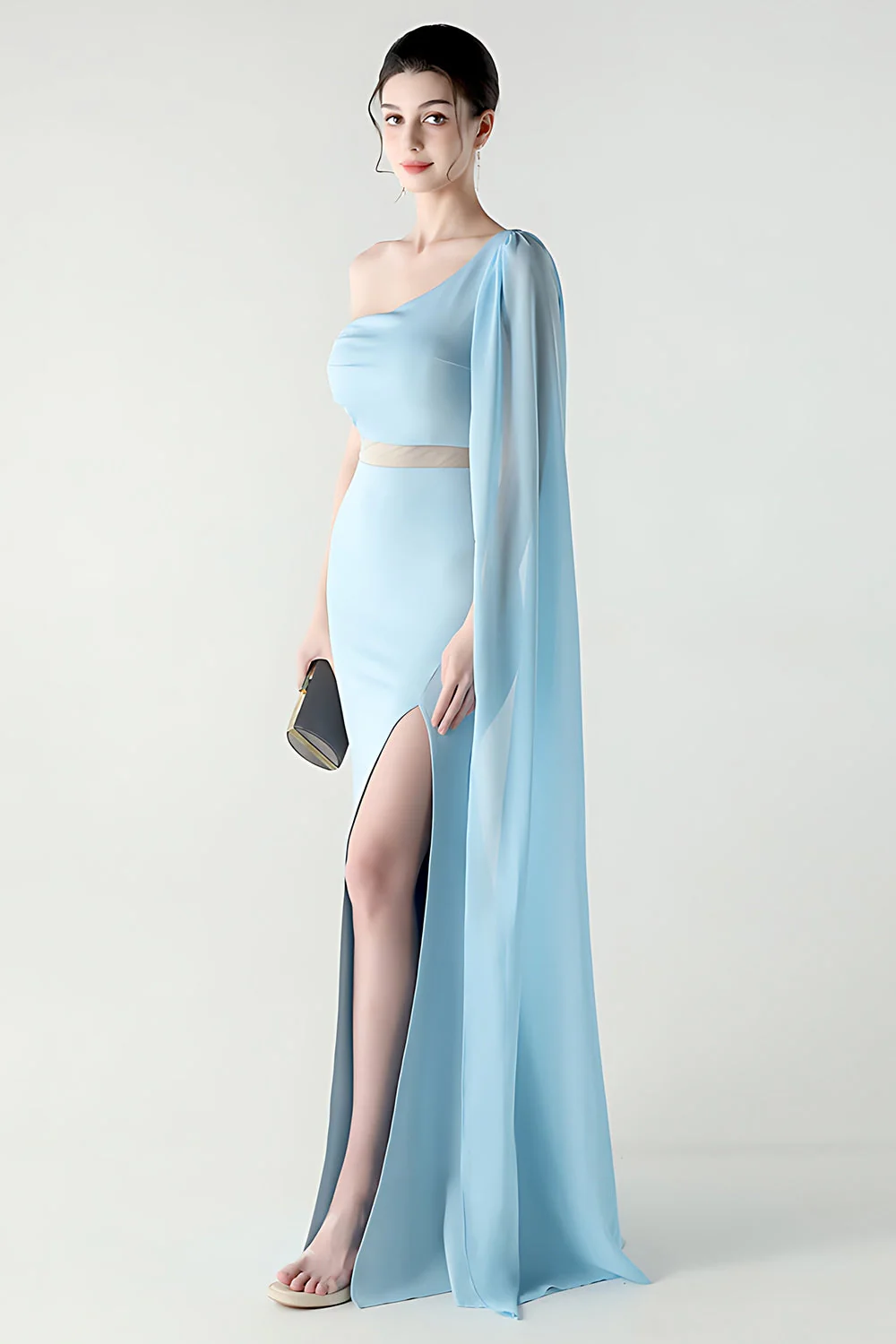 Black Mermaid One Shoulder Streamer Long Evening Dress with slit - Image 31