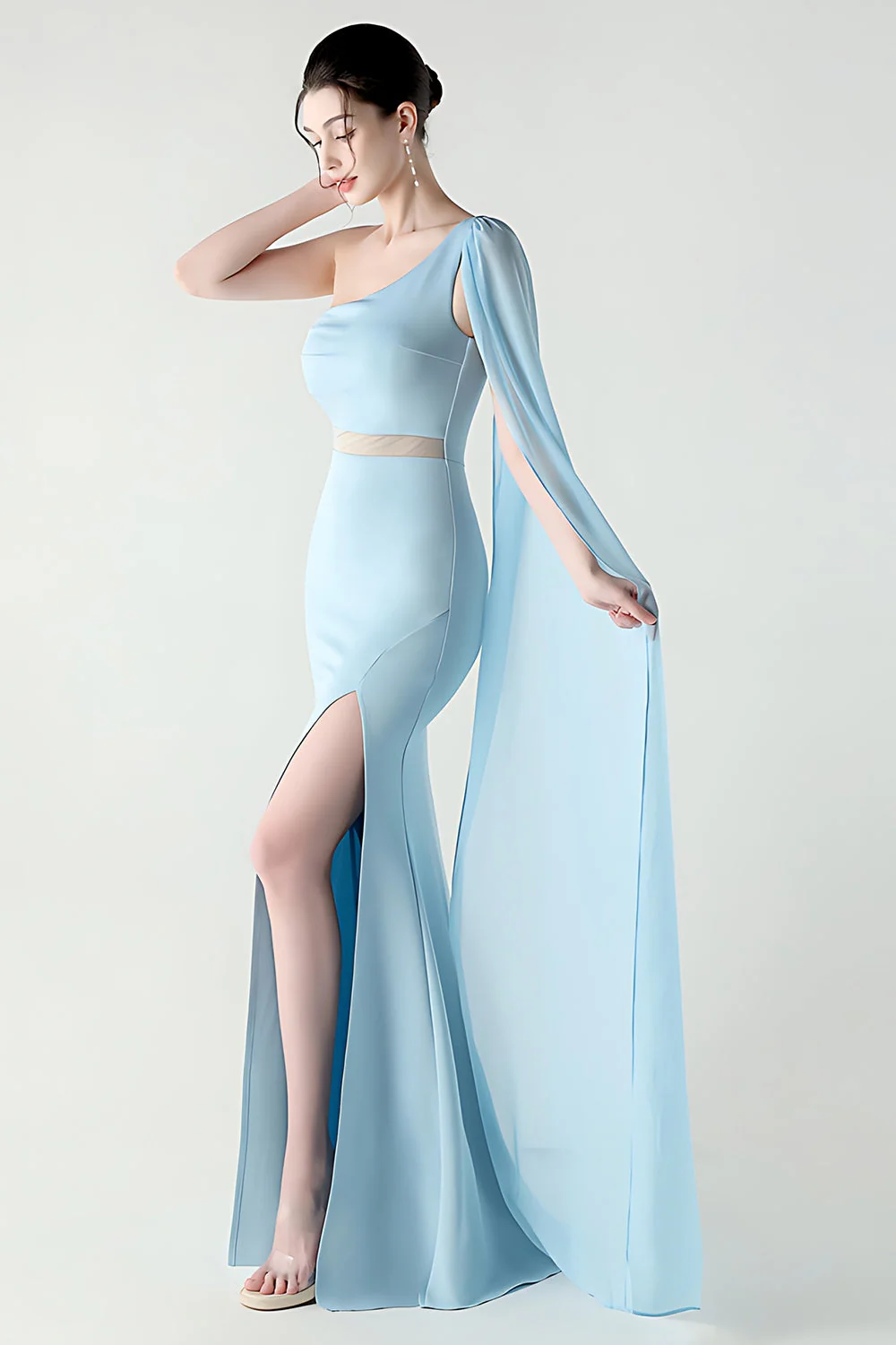 Black Mermaid One Shoulder Streamer Long Evening Dress with slit - Image 32