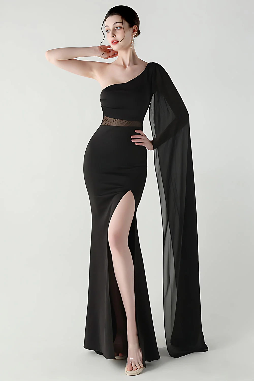 Black Mermaid One Shoulder Streamer Long Evening Dress with slit - Image 4