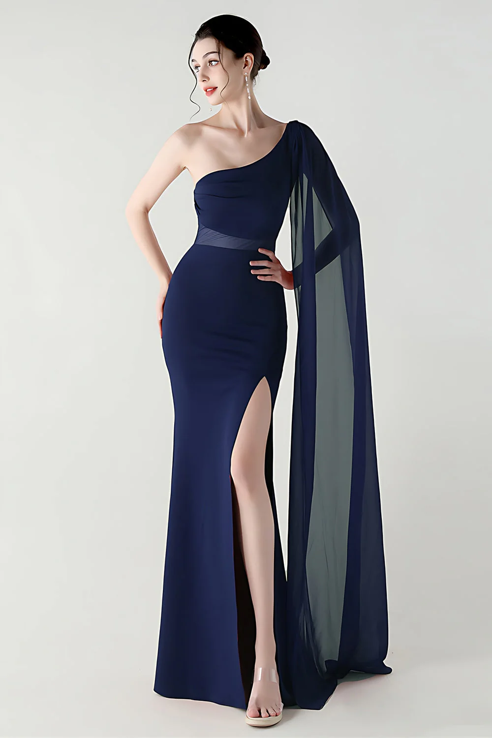 Black Mermaid One Shoulder Streamer Long Evening Dress with slit - Image 5