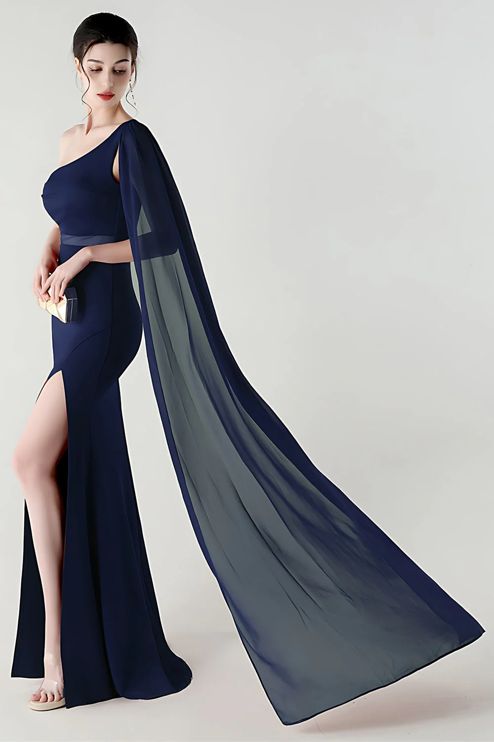 Black Mermaid One Shoulder Streamer Long Evening Dress with slit - Image 7