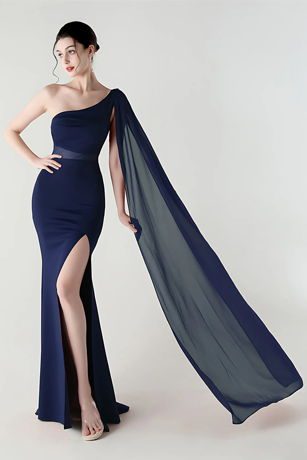 Black Mermaid One Shoulder Streamer Long Evening Dress with slit - Image 8