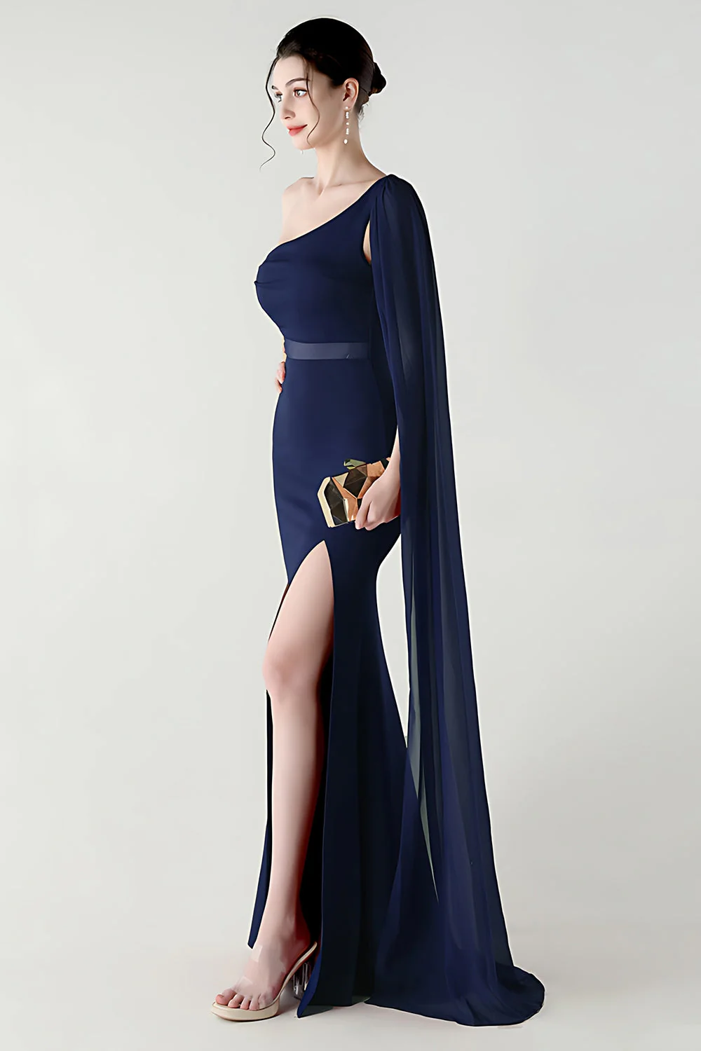 Black Mermaid One Shoulder Streamer Long Evening Dress with slit - Image 9