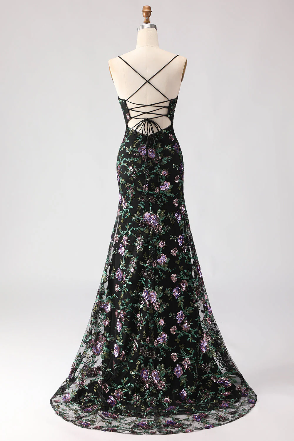 Black Mermaid Sequins Floral Lace Up Back Long Prom Dress with Slit - Image 2