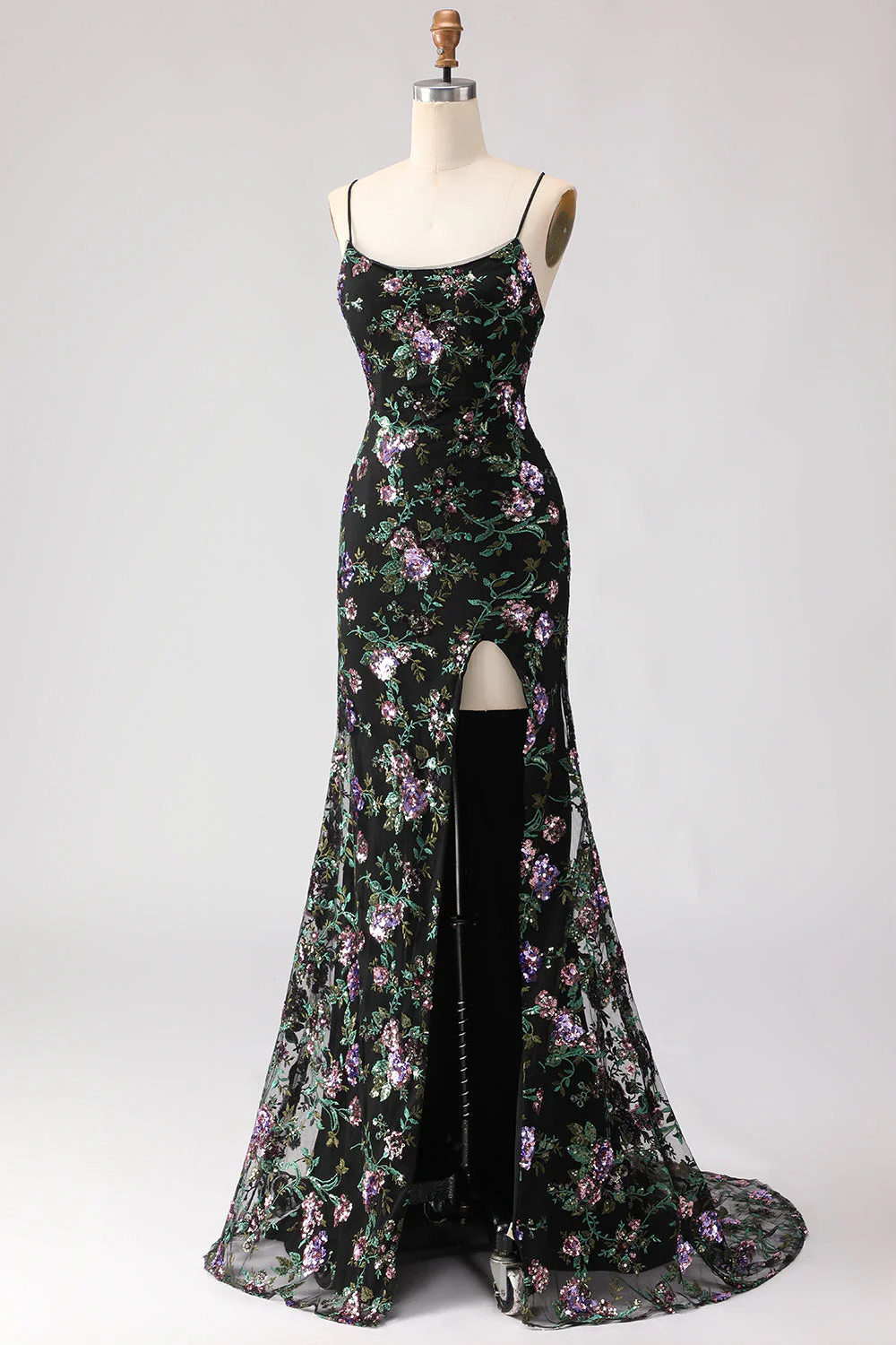Black Mermaid Sequins Floral Lace Up Back Long Prom Dress with Slit - Image 5