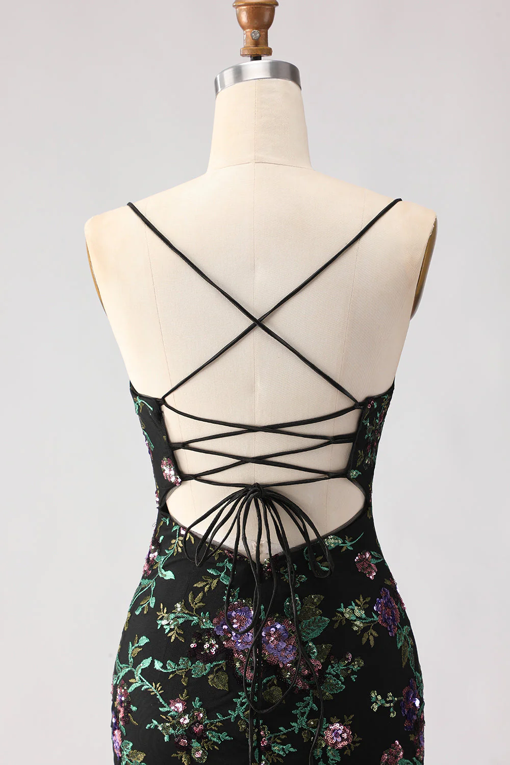 Black Mermaid Sequins Floral Lace Up Back Long Prom Dress with Slit - Image 7