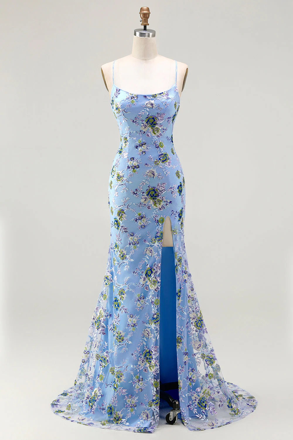 Black Mermaid Sequins Floral Lace Up Back Long Prom Dress with Slit - Image 9