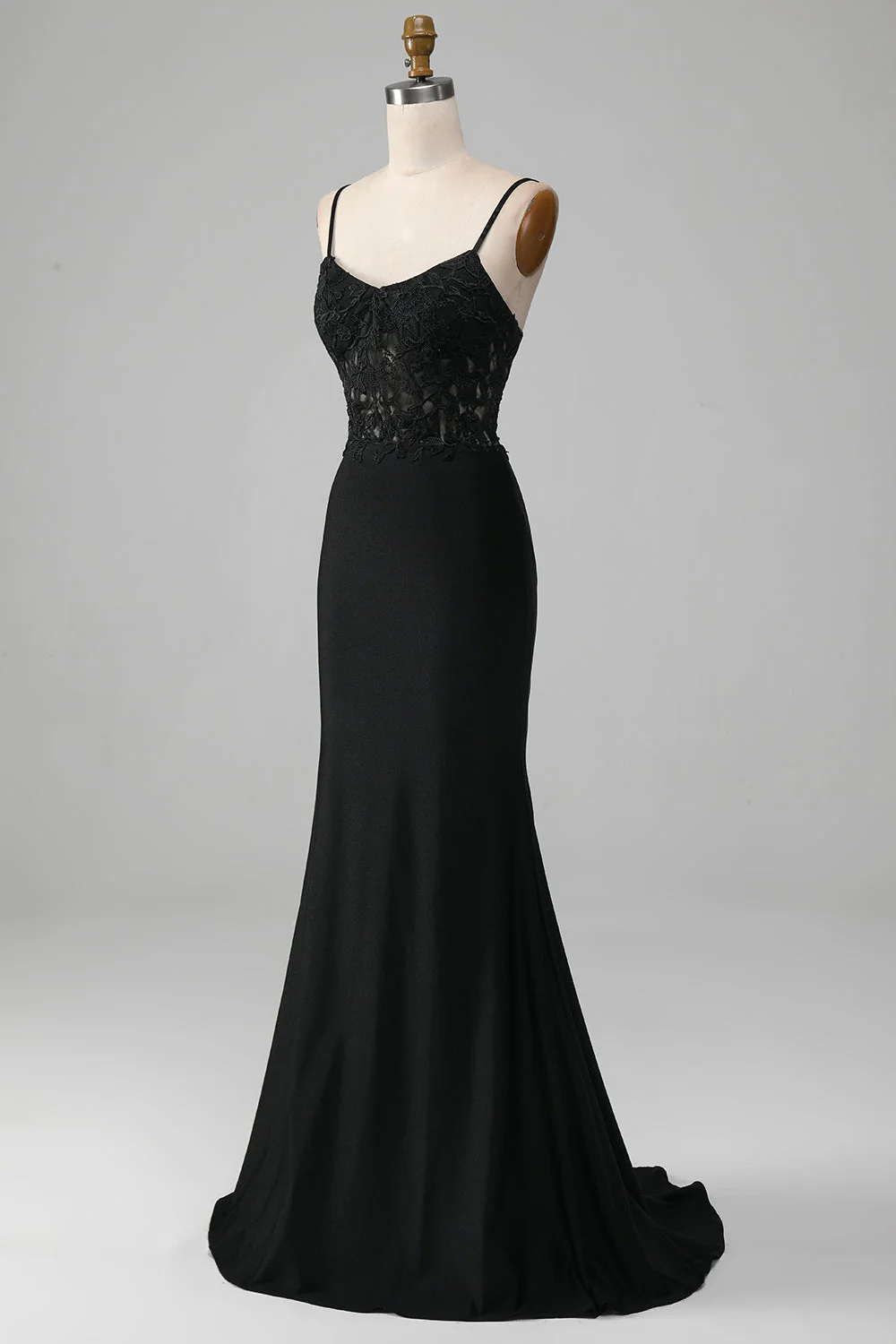 Black Mermaid Spaghetti Straps Corset Prom Dress With Appliques - Image 4