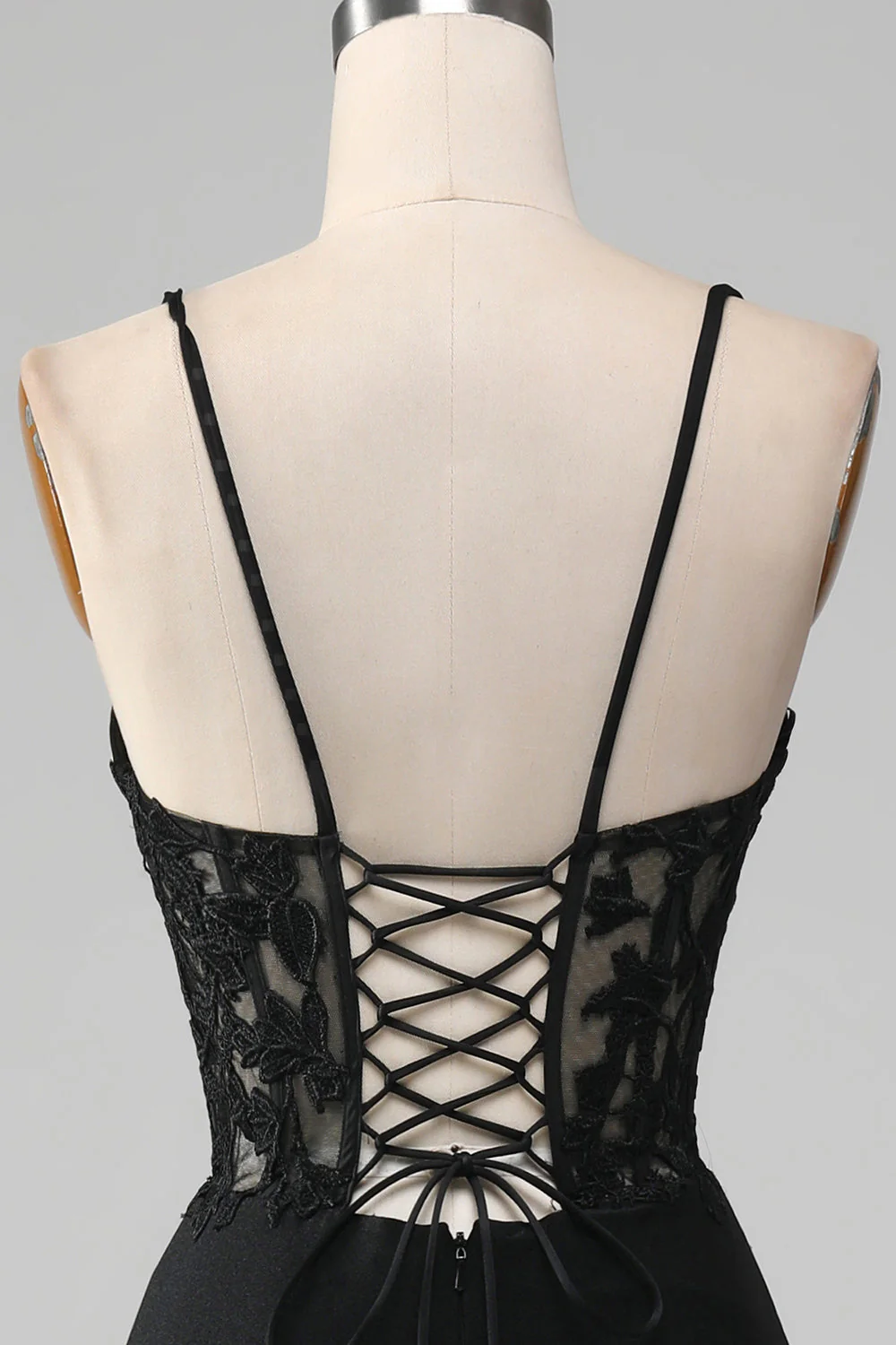 Black Mermaid Spaghetti Straps Corset Prom Dress With Appliques - Image 6