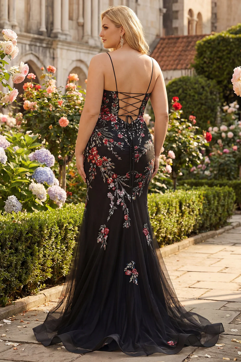 Black Mermaid Spaghetti Straps Long Plus Size Prom Dress with Lace Up Back - Image 2